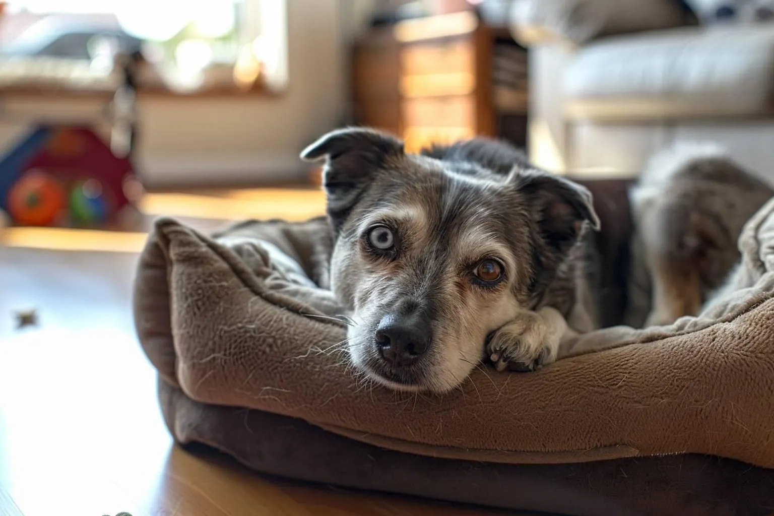 Près de la fenêtre, le chien sénior assis regarde la lumière du matin