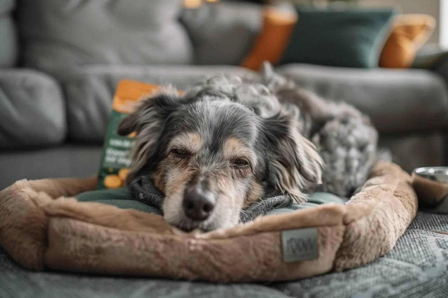 Une main verse des croquettes tandis qu’un vieux chien attend près de sa gamelle