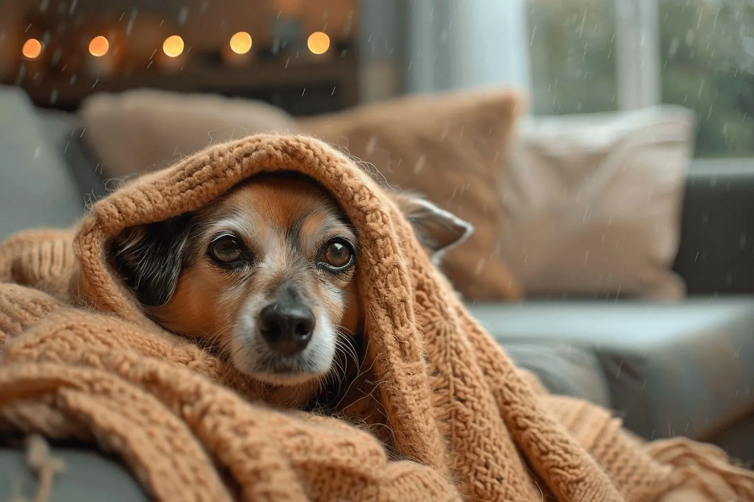 Dans un salon lumineux, un chien sénior repose sur son panier près d’une fenêtre