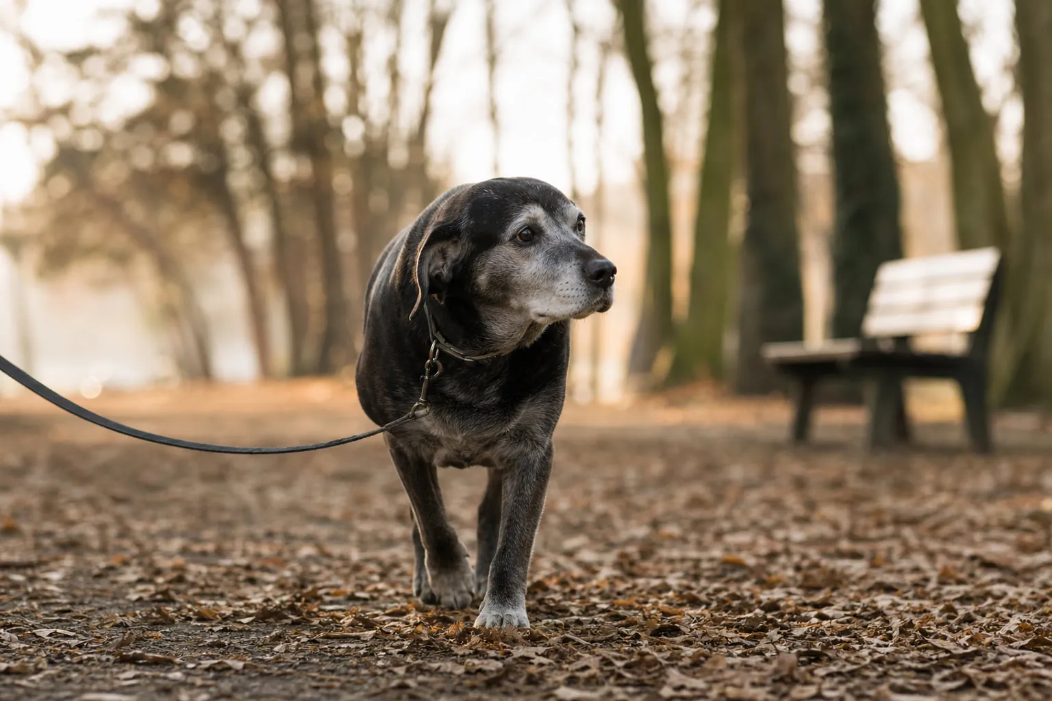Sur un sentier automnal, chien sénior avance tranquillement parmi les feuilles dorées