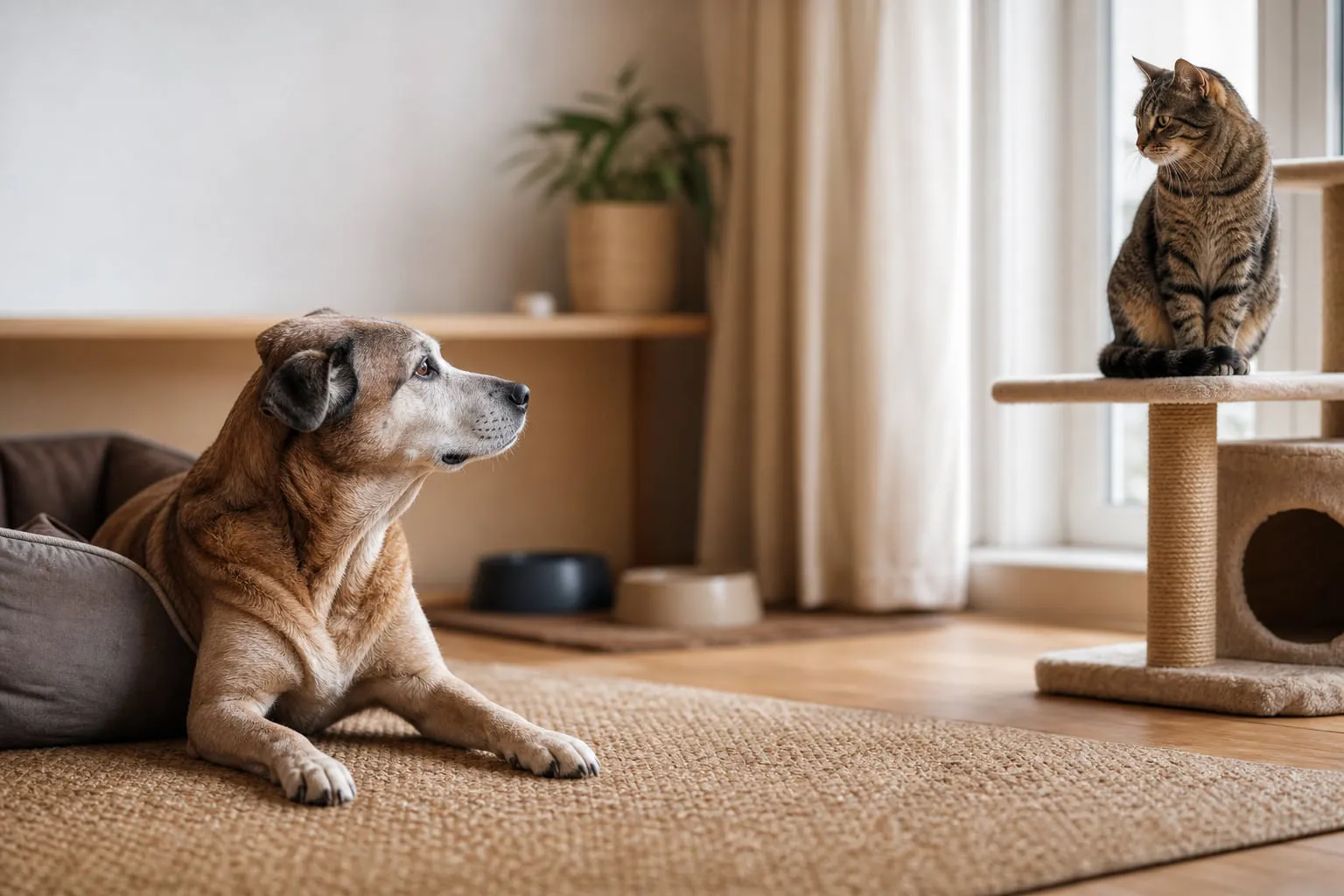 Face au chat perché, un chien sénior reste détendu sur le tapis