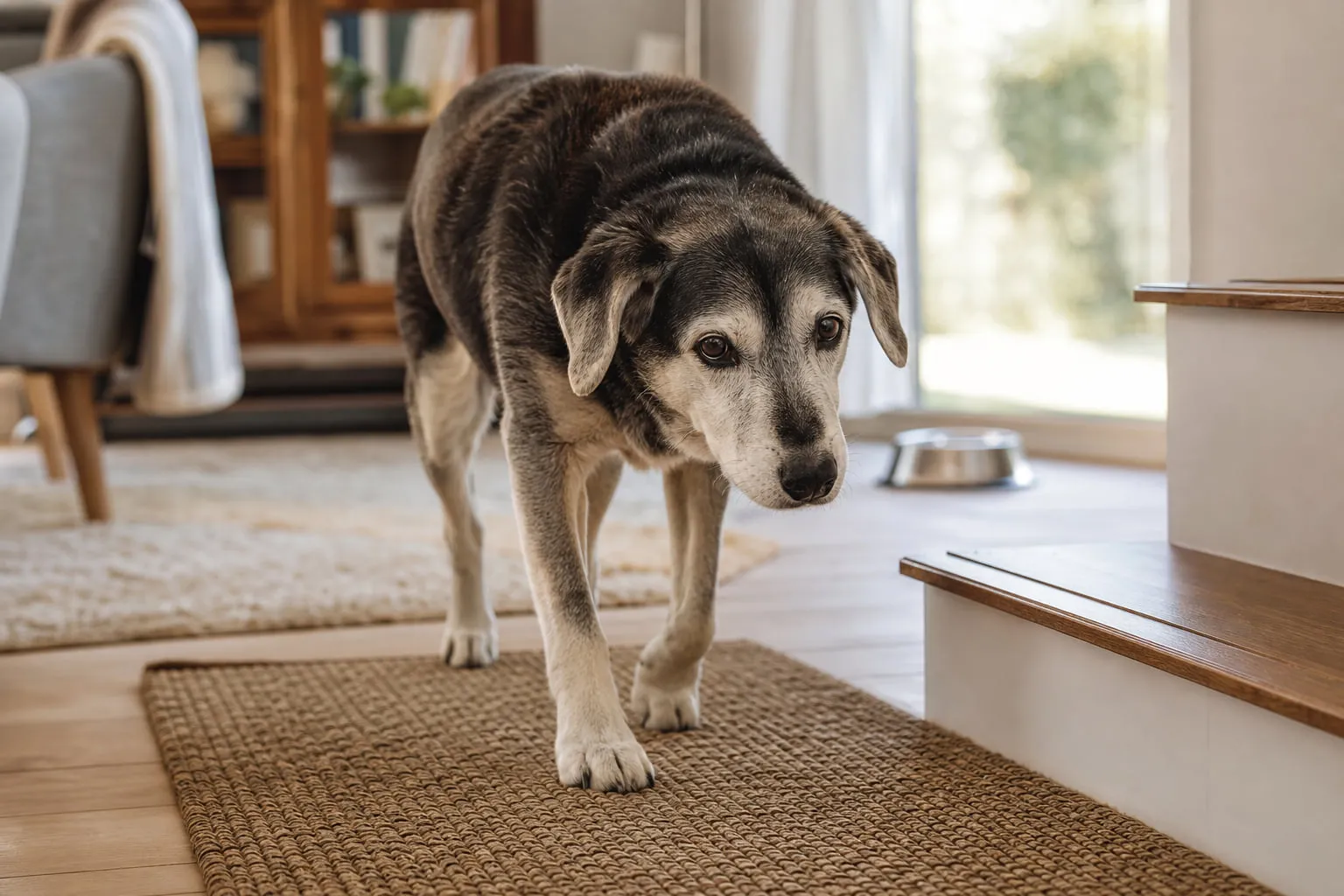 Devant une petite marche, un chien sénior avance sur un tapis dans le salon dégagé