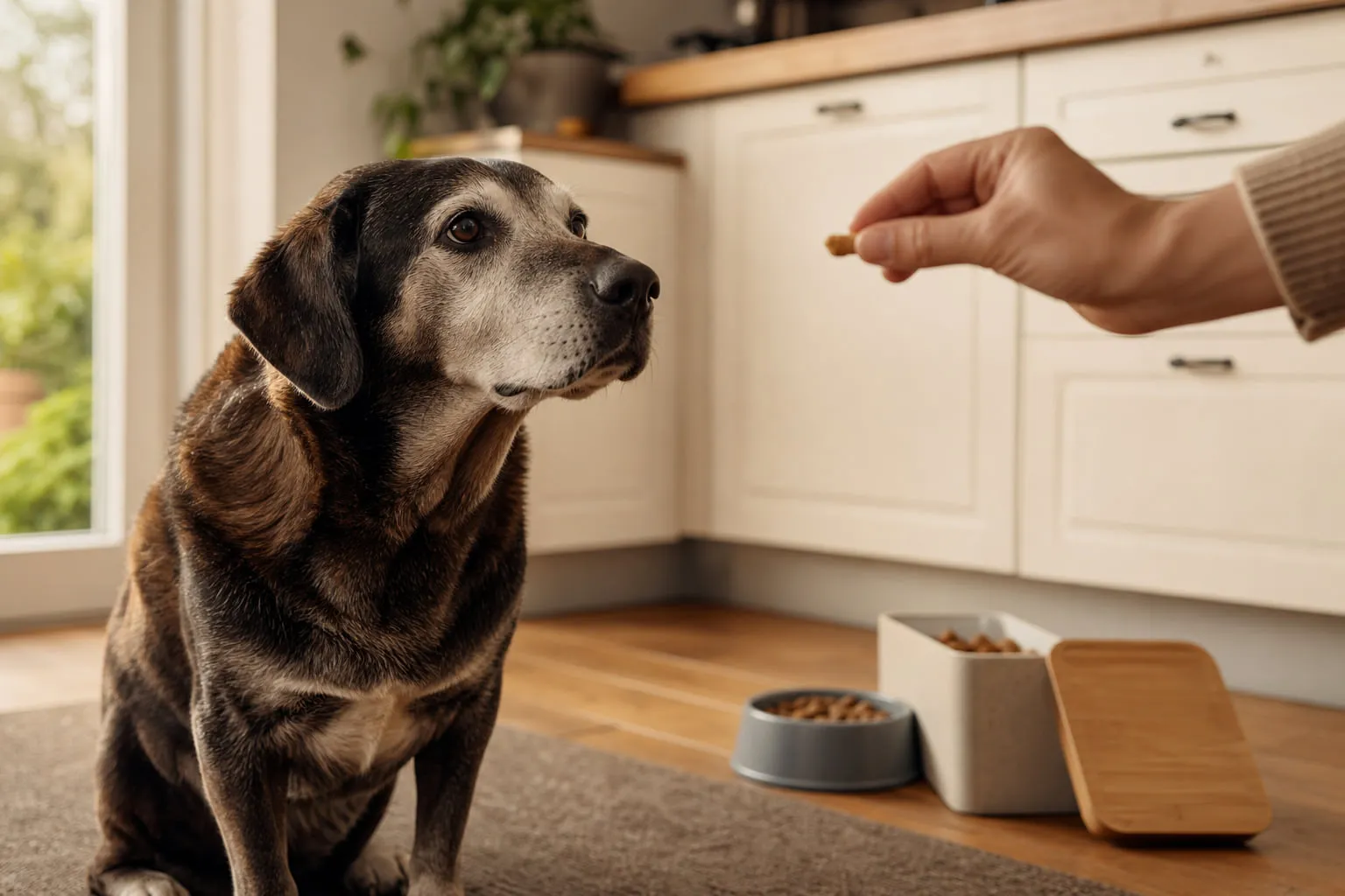 Une friandise tendre attire le regard d’un chien sénior assis dans la cuisine