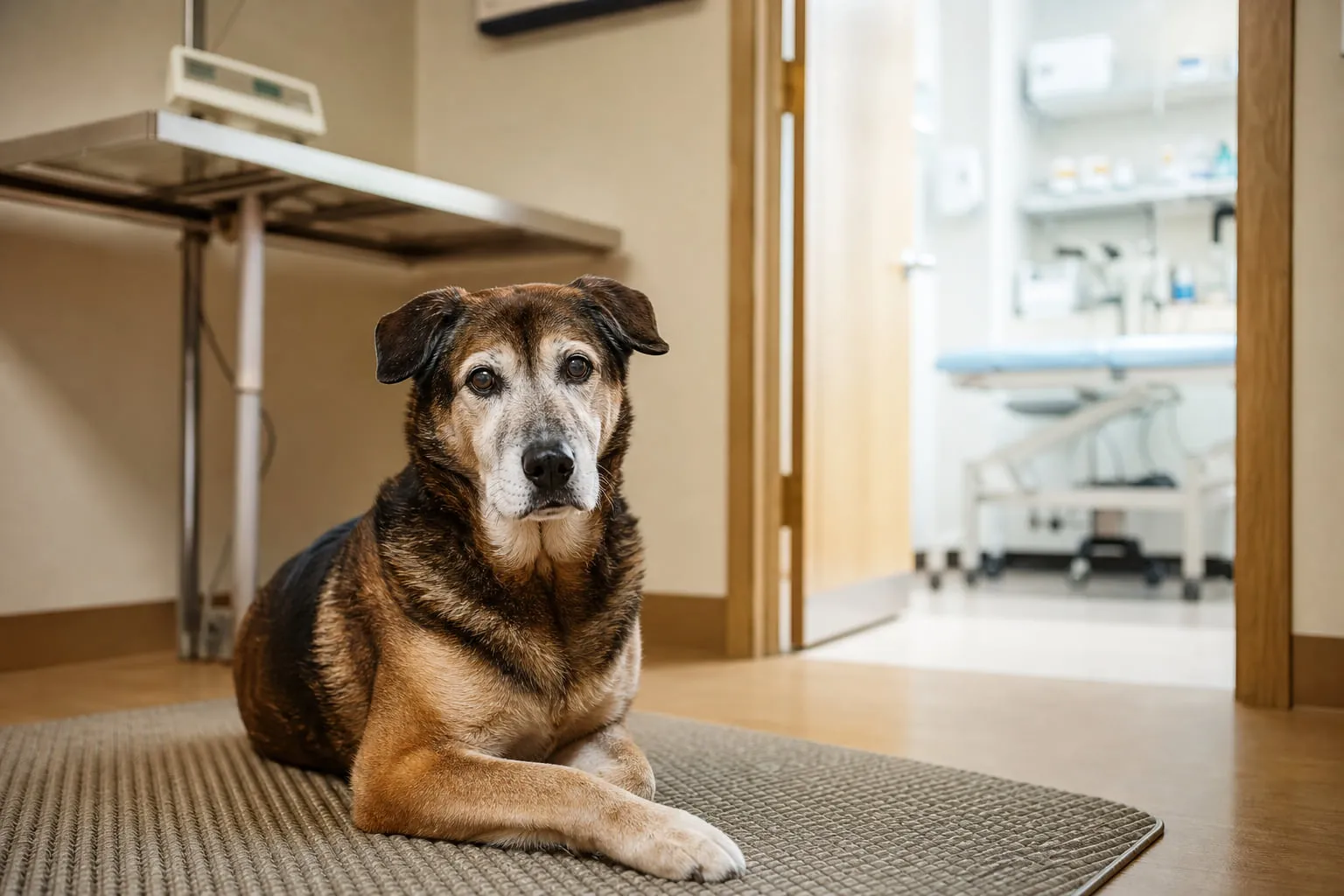 En salle vétérinaire lumineuse, chien âgé calme attend sur un tapis antidérapant