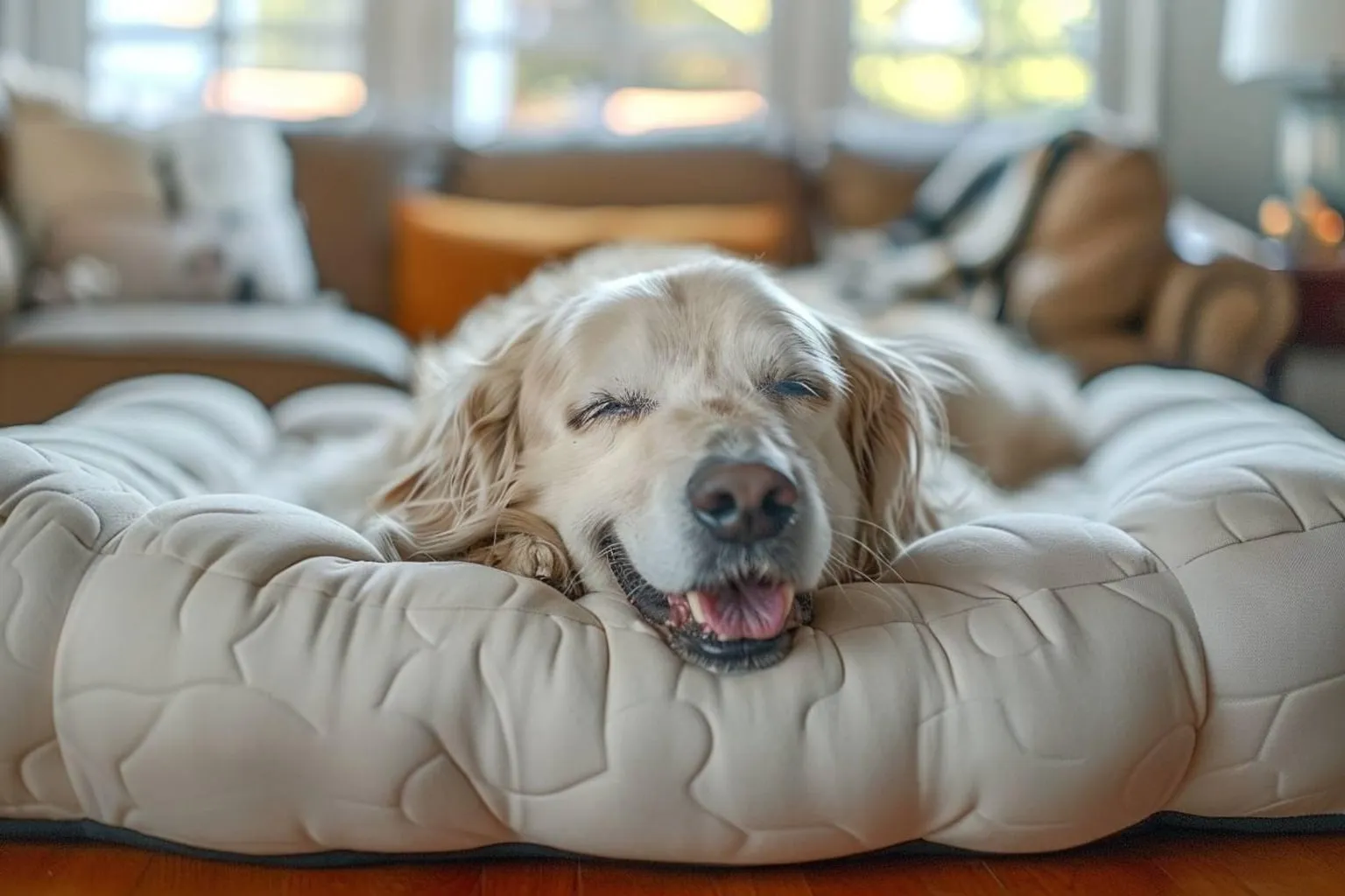 Étendu paisiblement sur un lit orthopédique beige, le vieux chien dort dans le salon