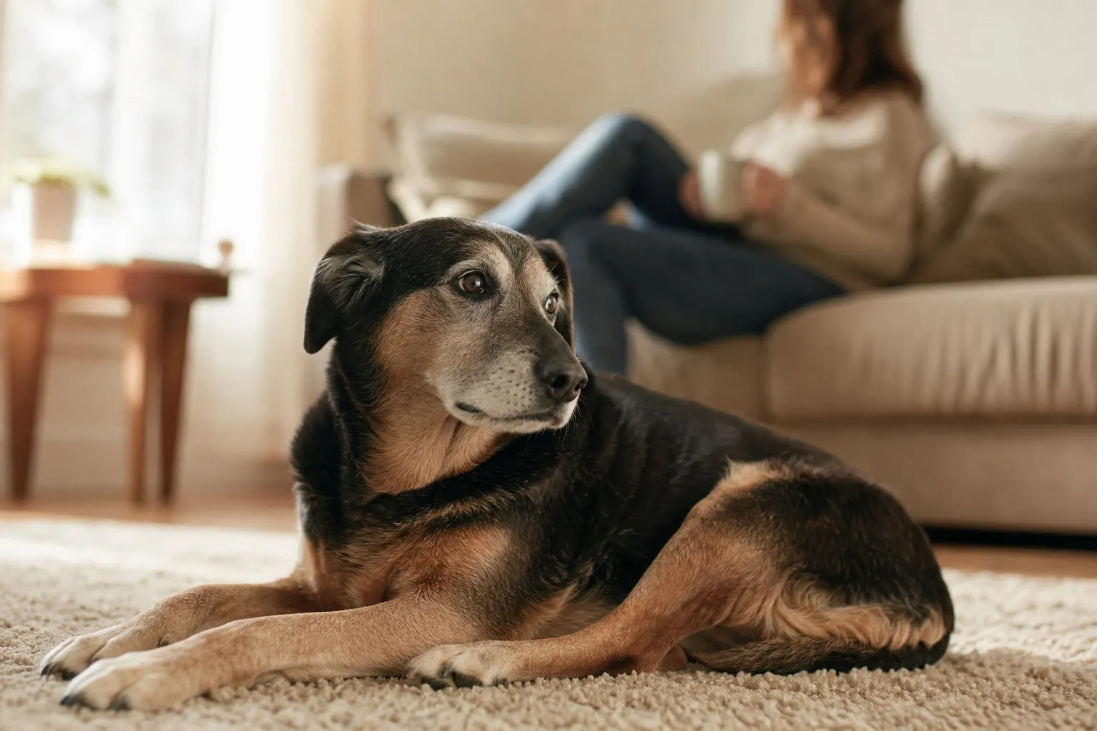 Tête légèrement détournée, le compagnon âgé reste couché sur un tapis face à son propriétaire flou