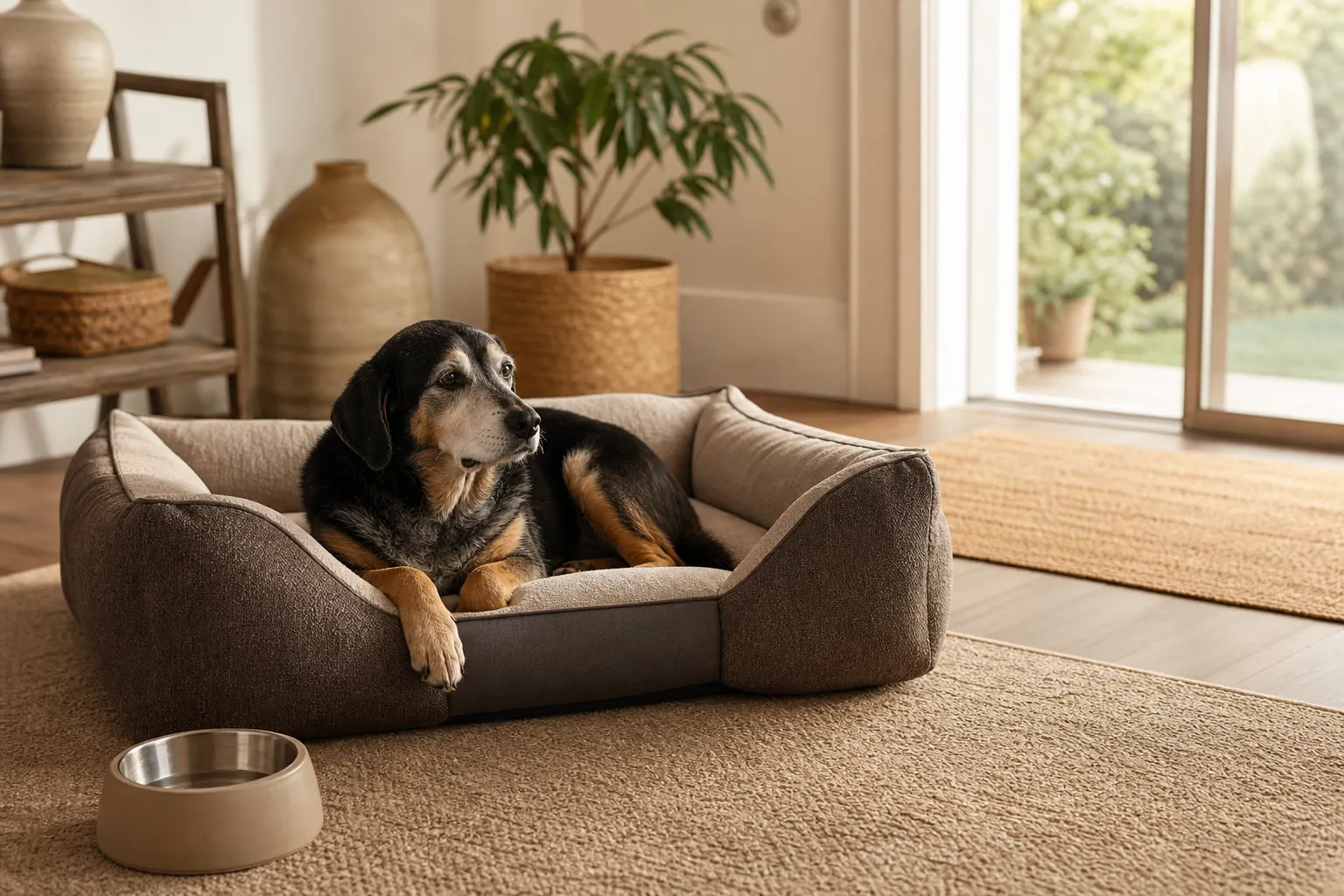 Un panier à entrée basse accueille un chien âgé sur un tapis antidérapant
