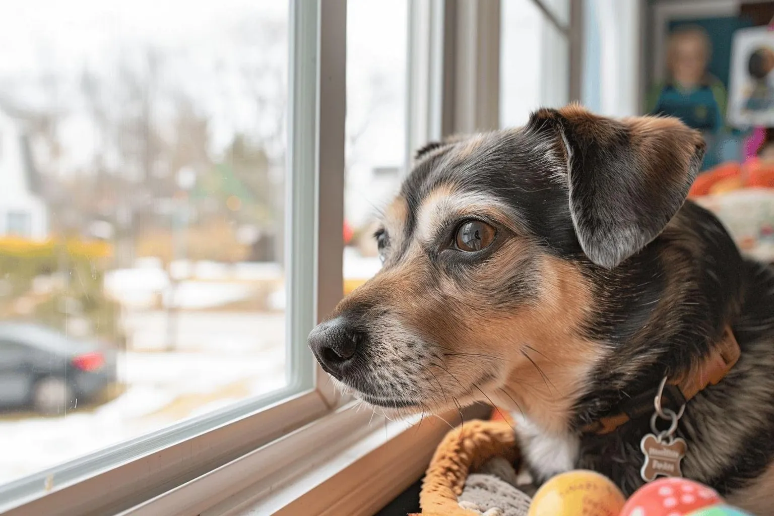 Près de la fenêtre, un Labrador croisé au regard distant repose sur son couchage orthopédique