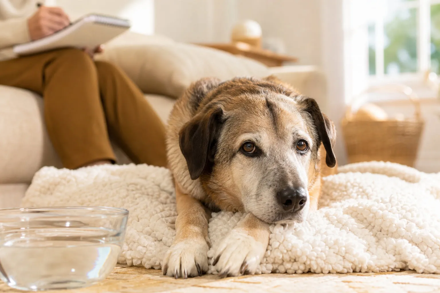Sur un plaid clair, vieux chien au museau gris observe une main et carnet