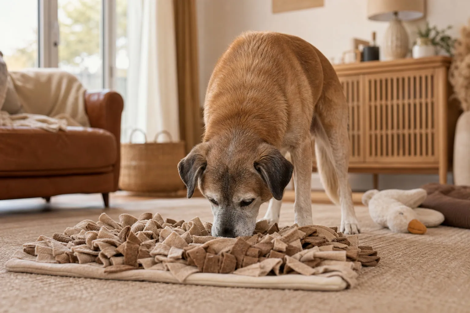 Cherchant des friandises, un chien âgé explore un tapis de fouille