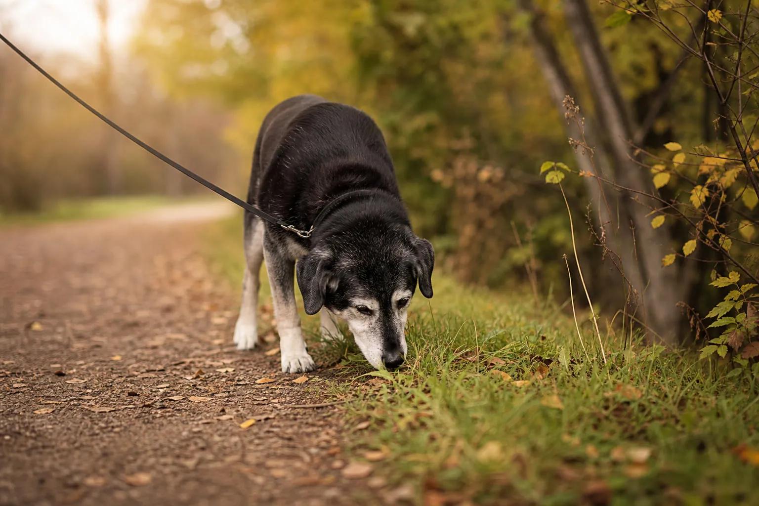 Au bord d’un chemin de parc, un chien âgé renifle l’herbe matinale en laisse souple
