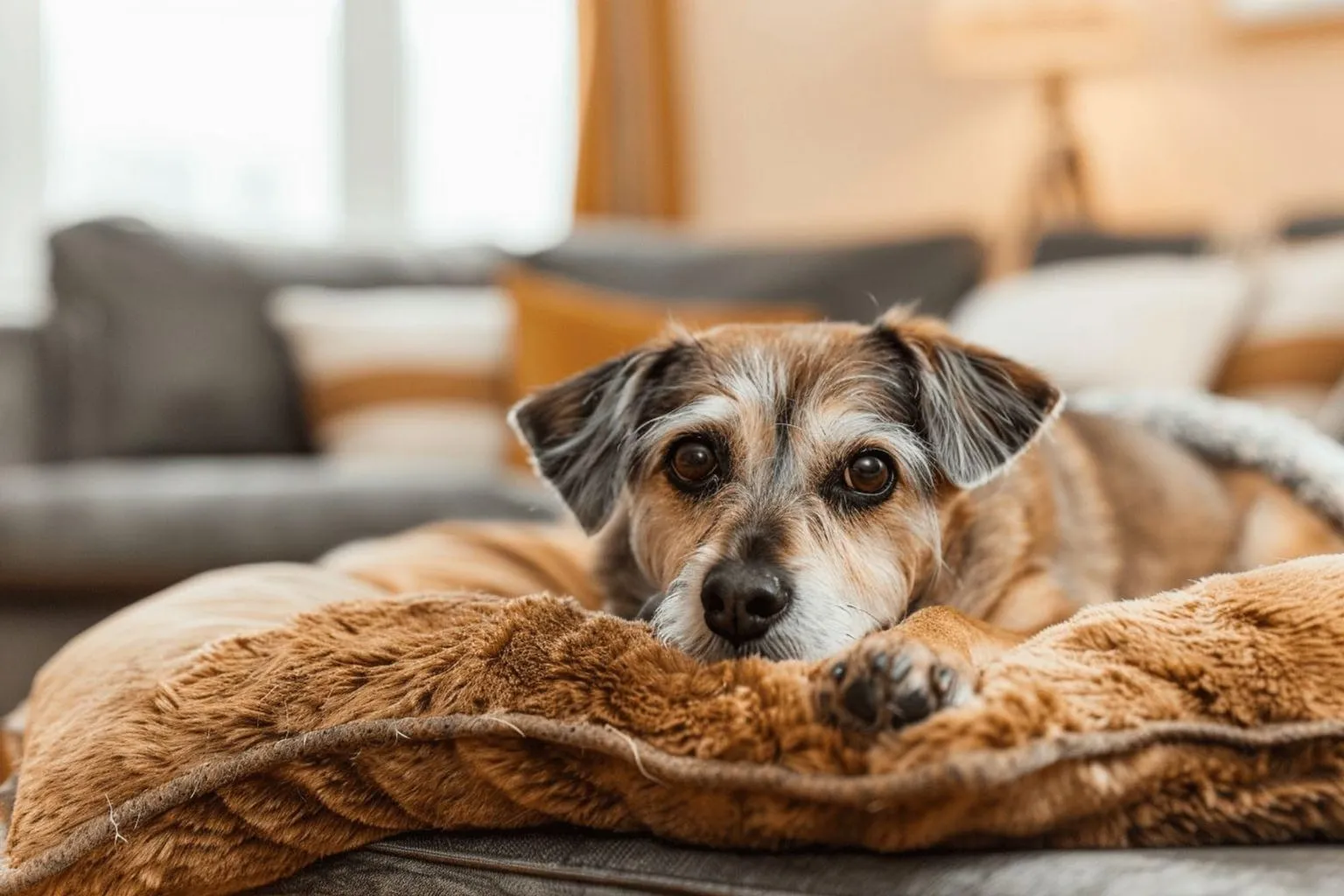 Debout près d’une balance, le chien sénior observe calmement le salon lumineux