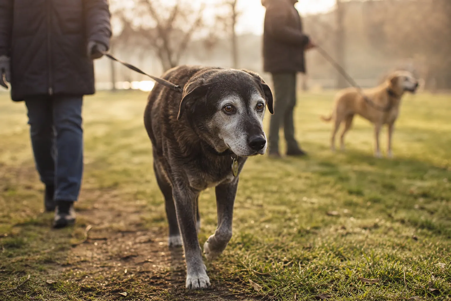Près d’un autre chien, compagnon âgé marche sereinement dans un parc urbain humide