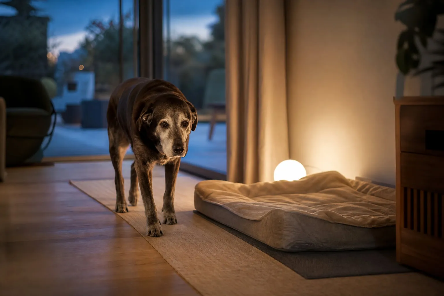 Au crépuscule, un labrador croisé âgé marche vers son panier éclairé