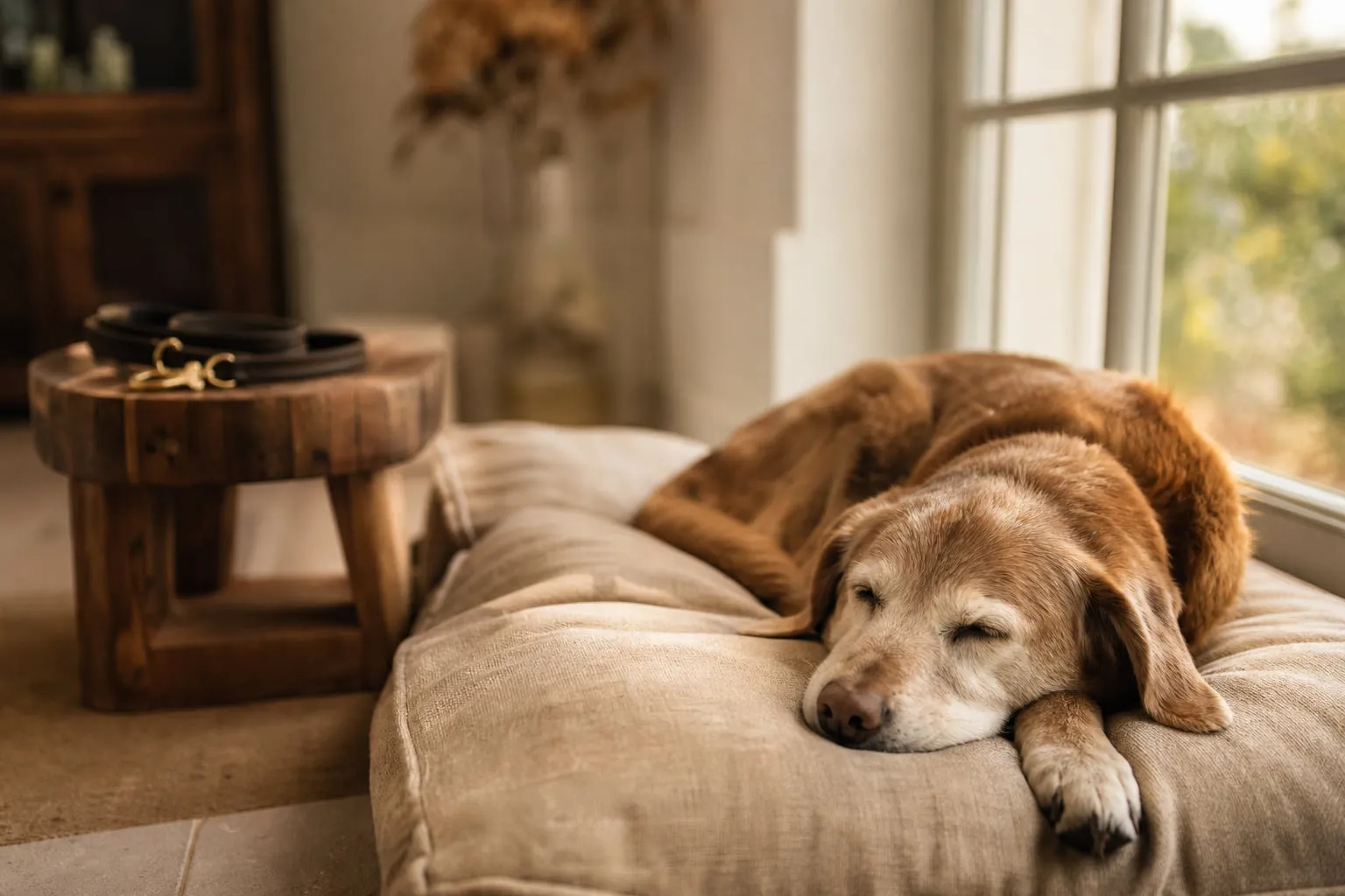Près de la fenêtre, un compagnon âgé dort sur un coussin épais