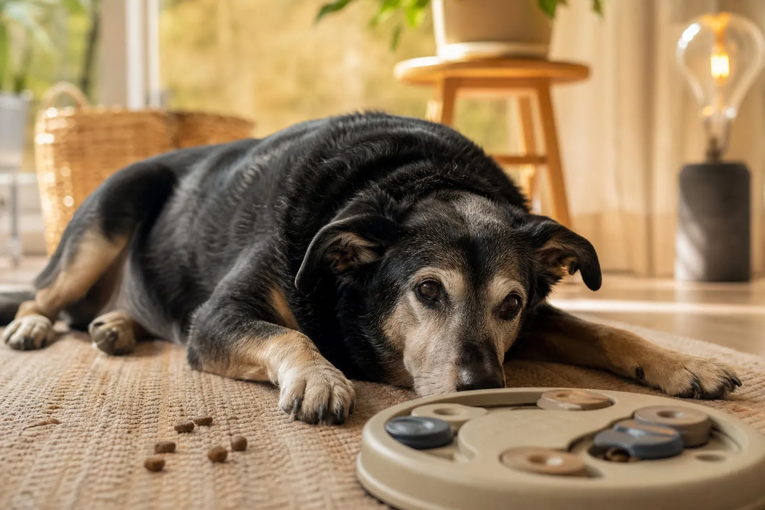 Dans un salon lumineux, chien sénior grisonnant repose sur tapis avec jouet et croquettes