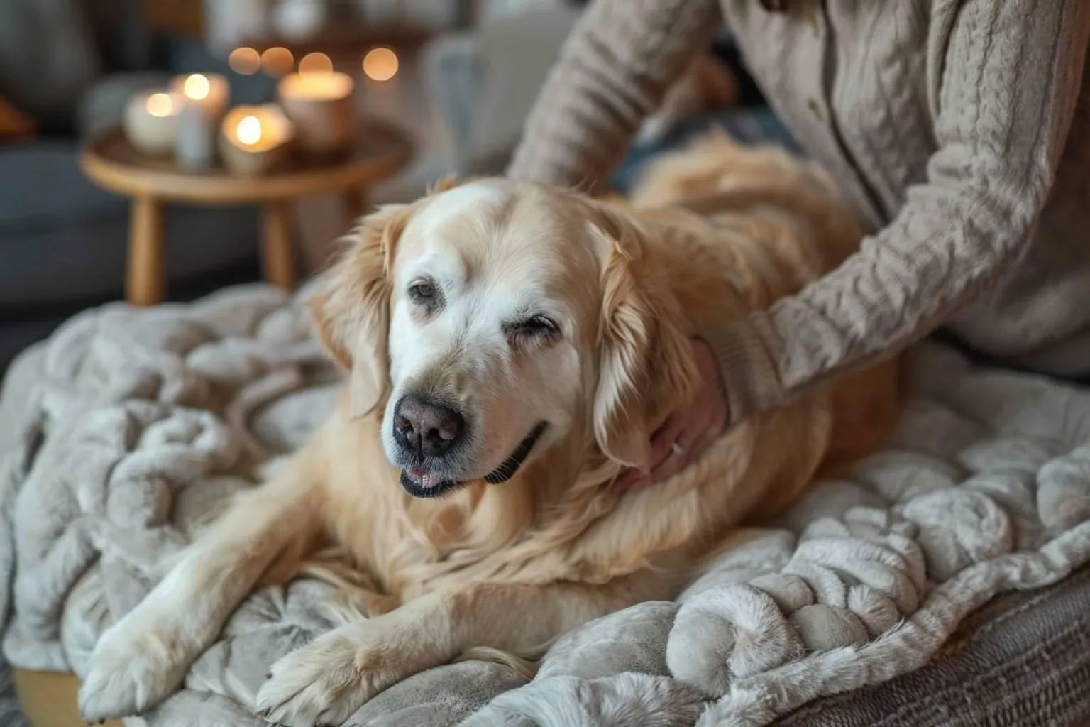Lentement, un vieux chien se relève de son panier orthopédique sur tapis sécurisé