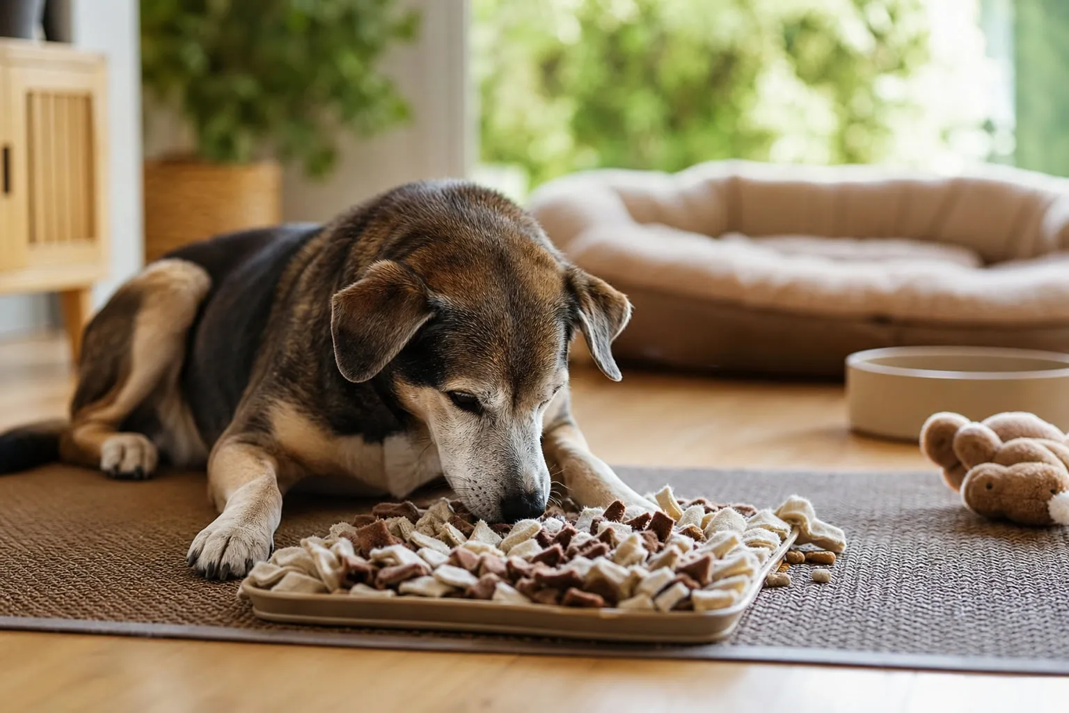 Dans ce salon lumineux, chien sénior cherche des croquettes sur un tapis de fouille