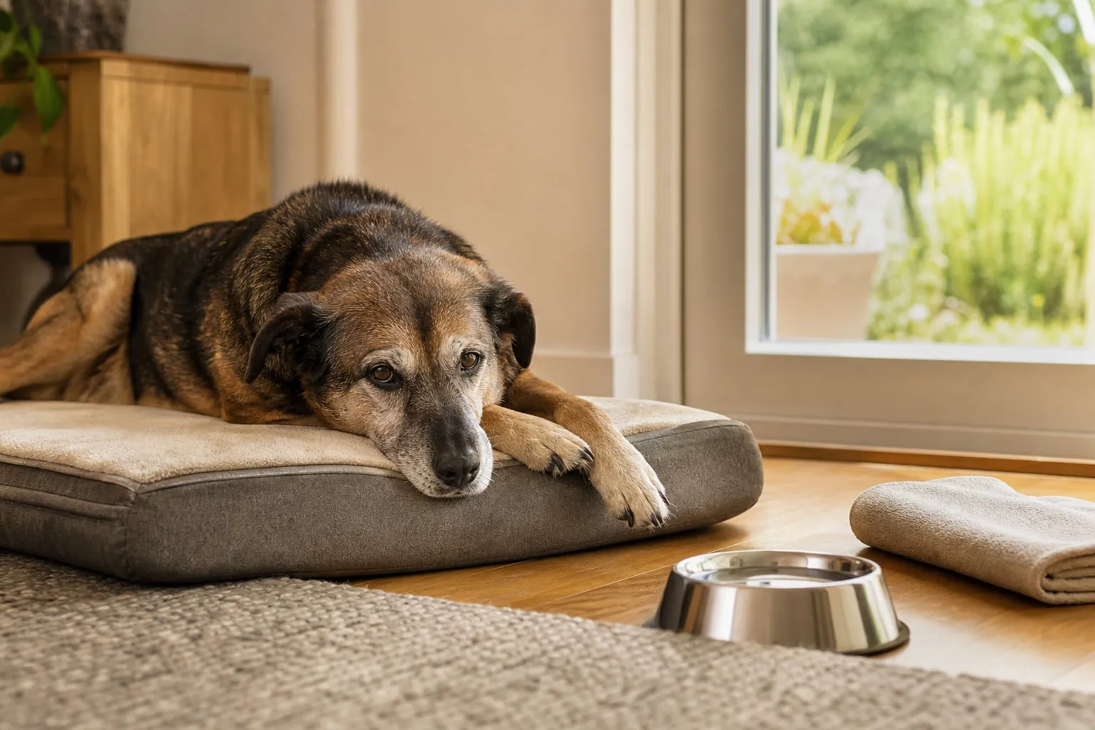 Allongé sur un panier orthopédique, un vieux chien repose près d’une porte ouverte sur le jardin