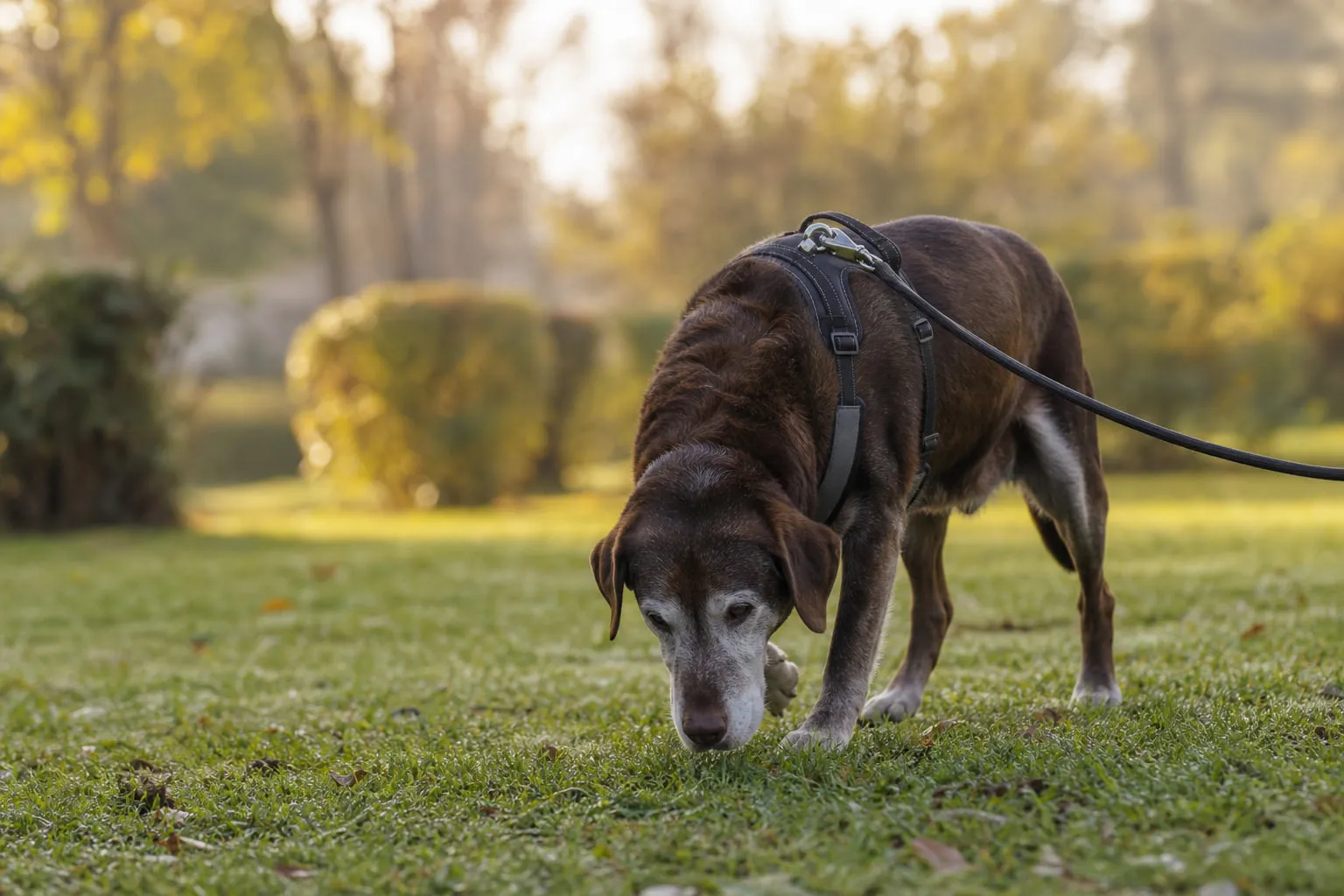 Harnais ajusté et laisse souple, le vieux chien marche lentement dans l’herbe humide du parc