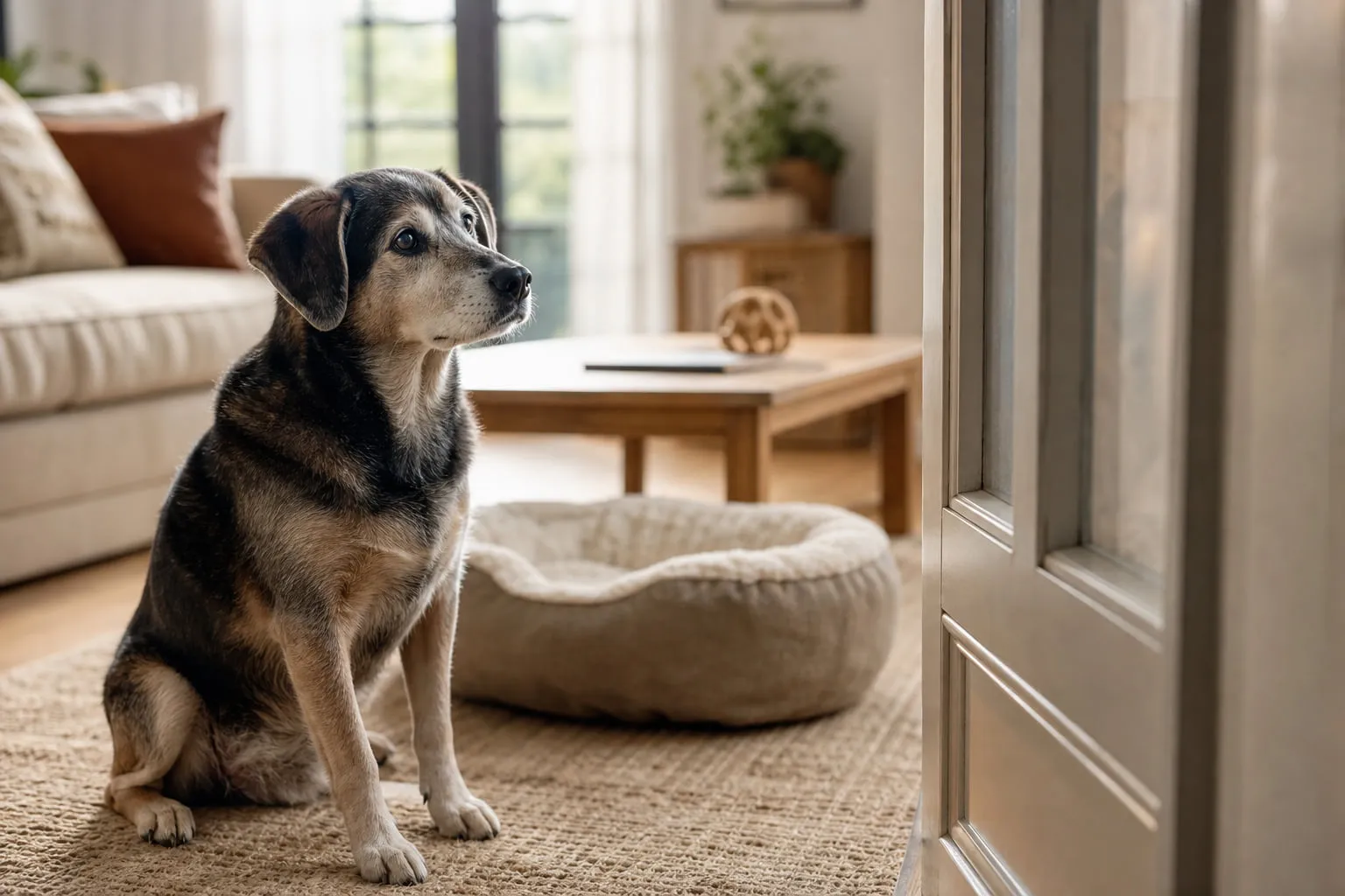 Face à la porte entrouverte, le chien grisonnant reste attentif sur son tapis