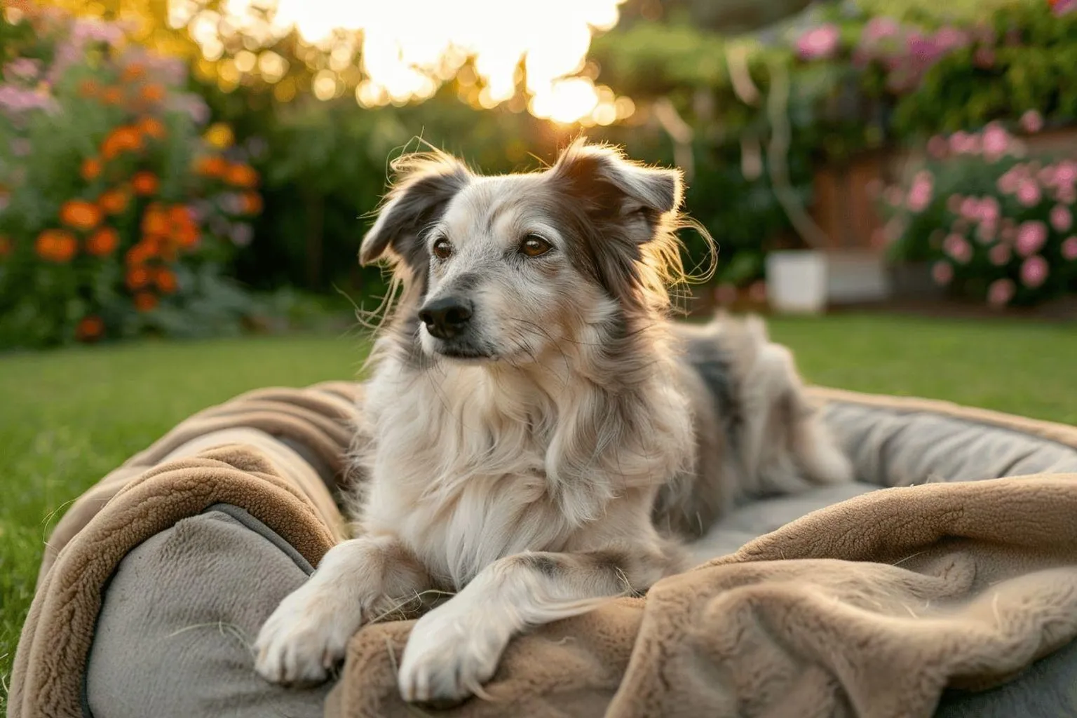 Assis dans la salle de bain, un chien âgé se fait examiner le dos