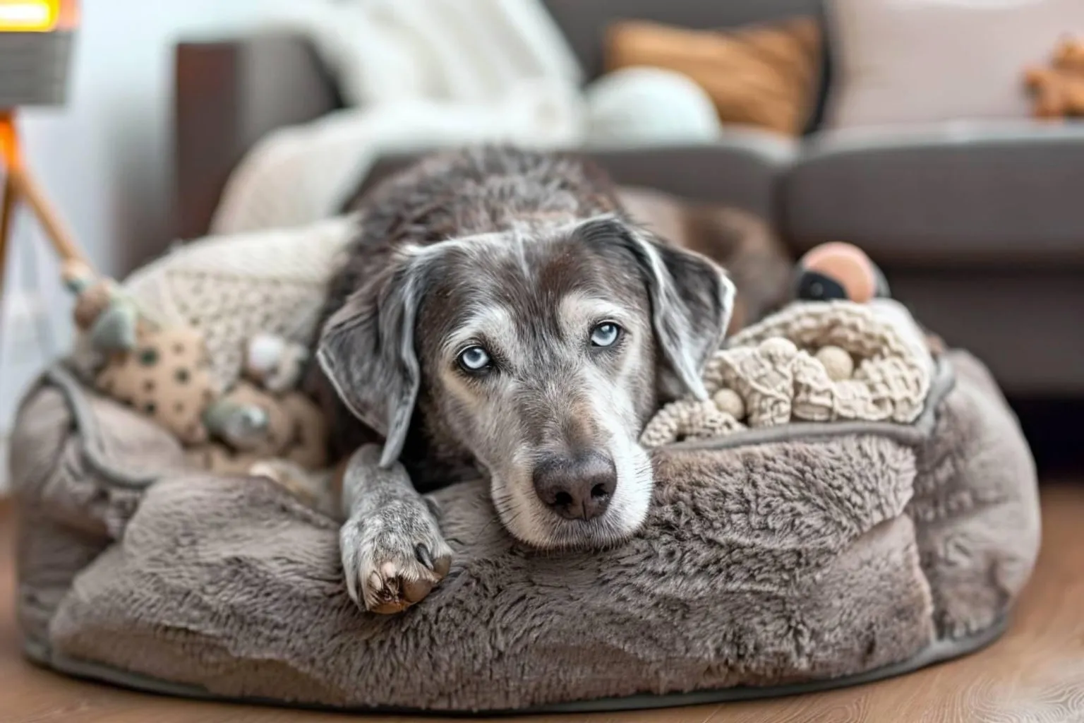 Dans un salon lumineux, chien sénior marche sur tapis antidérapant près d’une rampe