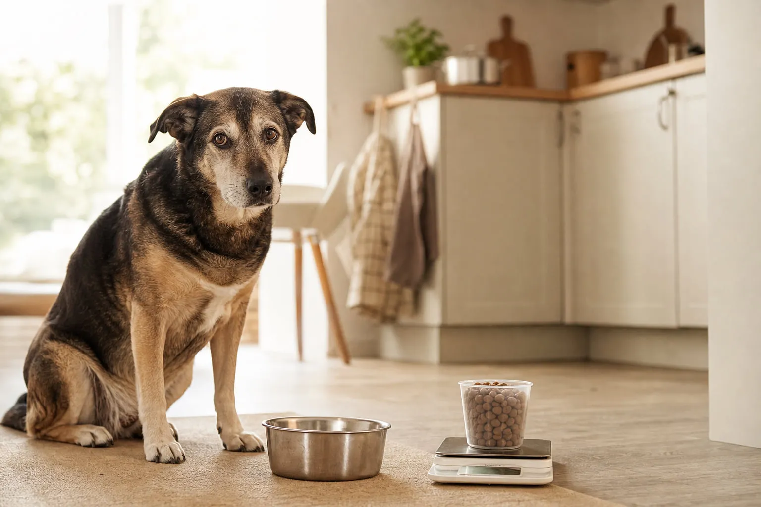 Près d’une gamelle vide, un chien âgé attend sa portion mesurée de croquettes