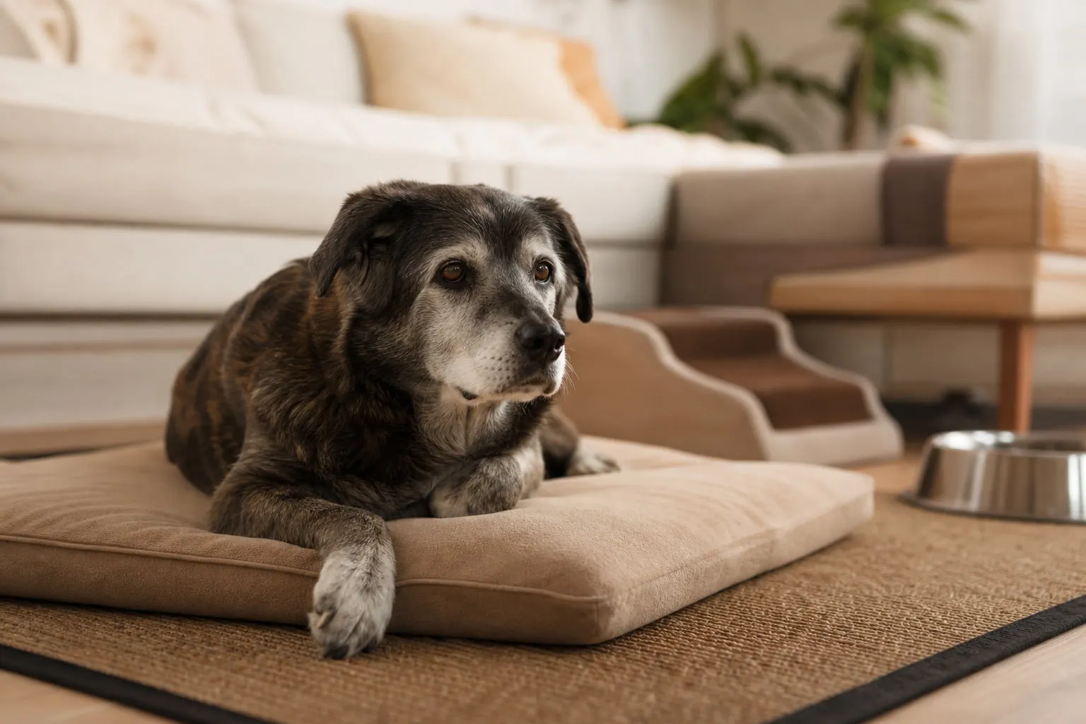 Une patte avancée prudemment, le chien âgé repose sur son coussin orthopédique