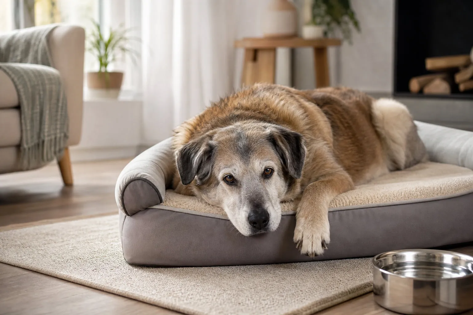 Museau grisonnant posé sur son panier, vieux chien regarde paisiblement la fenêtre
