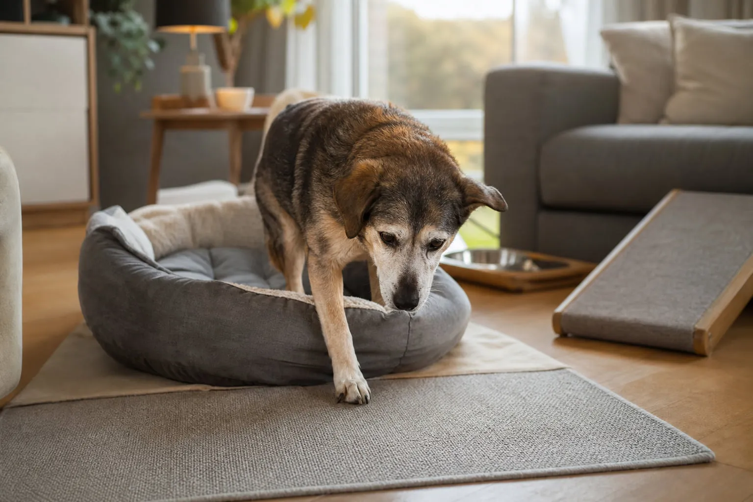 Se levant de son panier orthopédique, un chien âgé rejoint doucement le tapis antidérapant