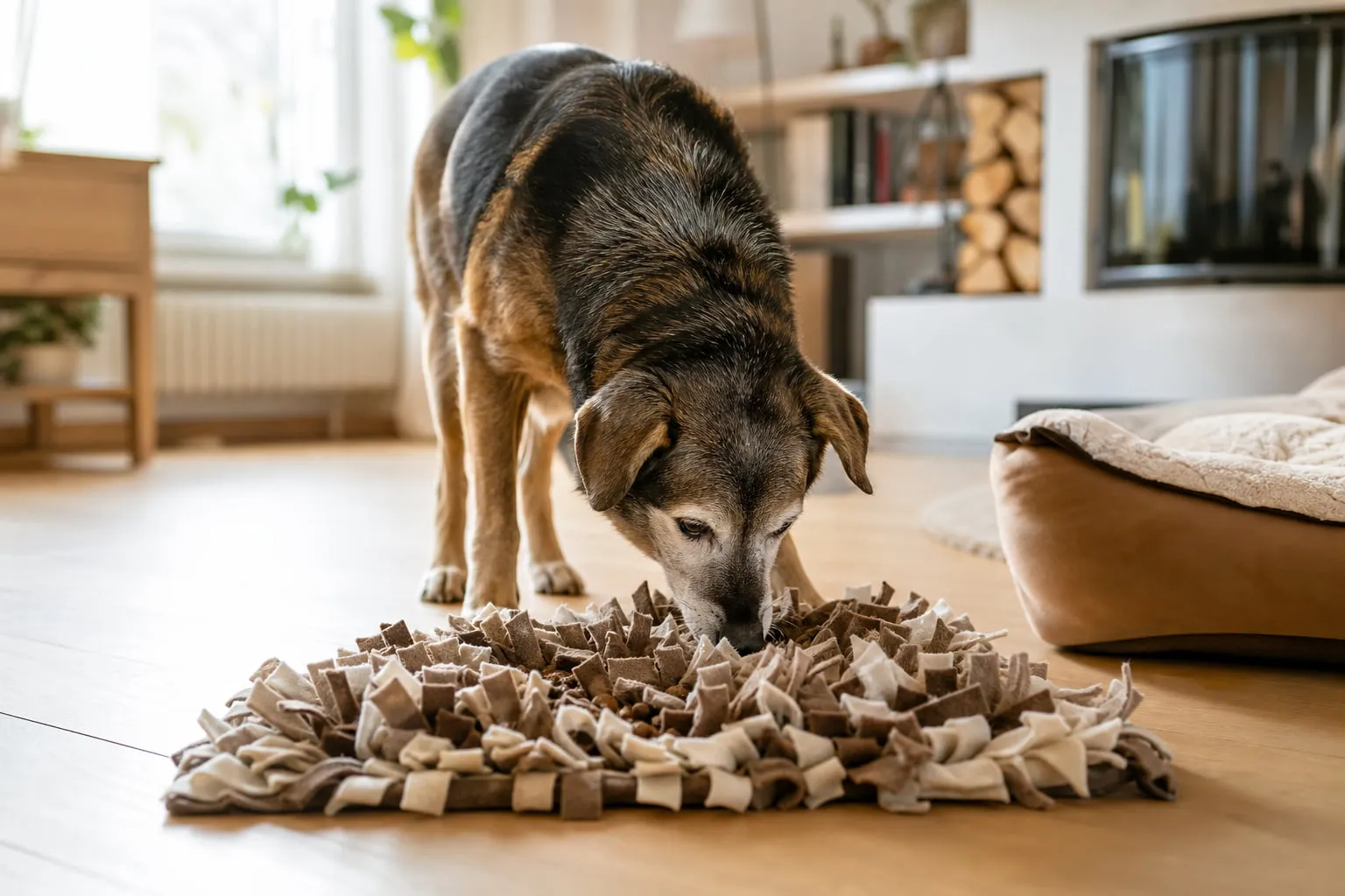 Cherchant des croquettes sur un tapis de fouille, un chien sénior s’occupe paisiblement