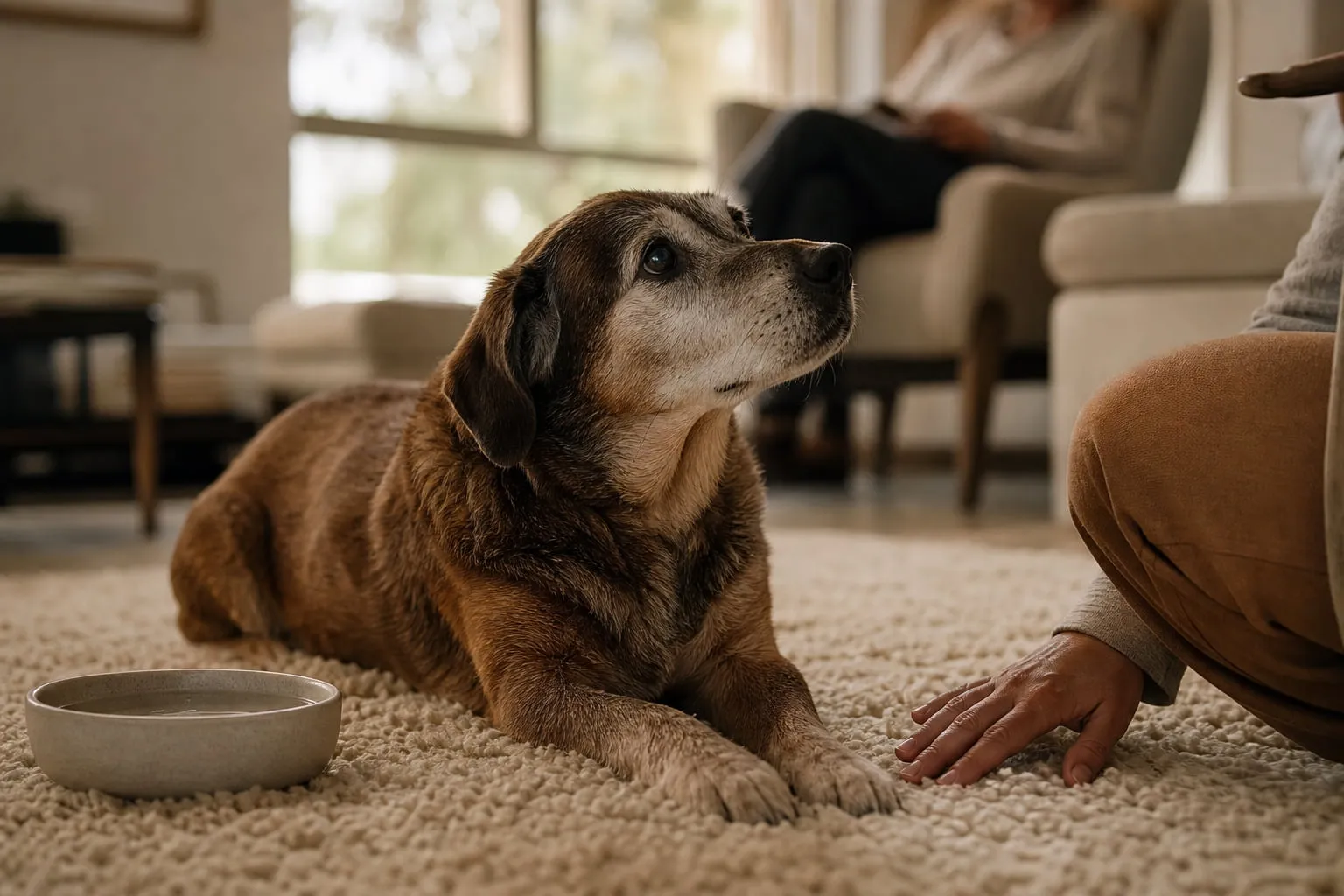 Allongé sur un tapis épais, un chien sénior observe une main humaine proche