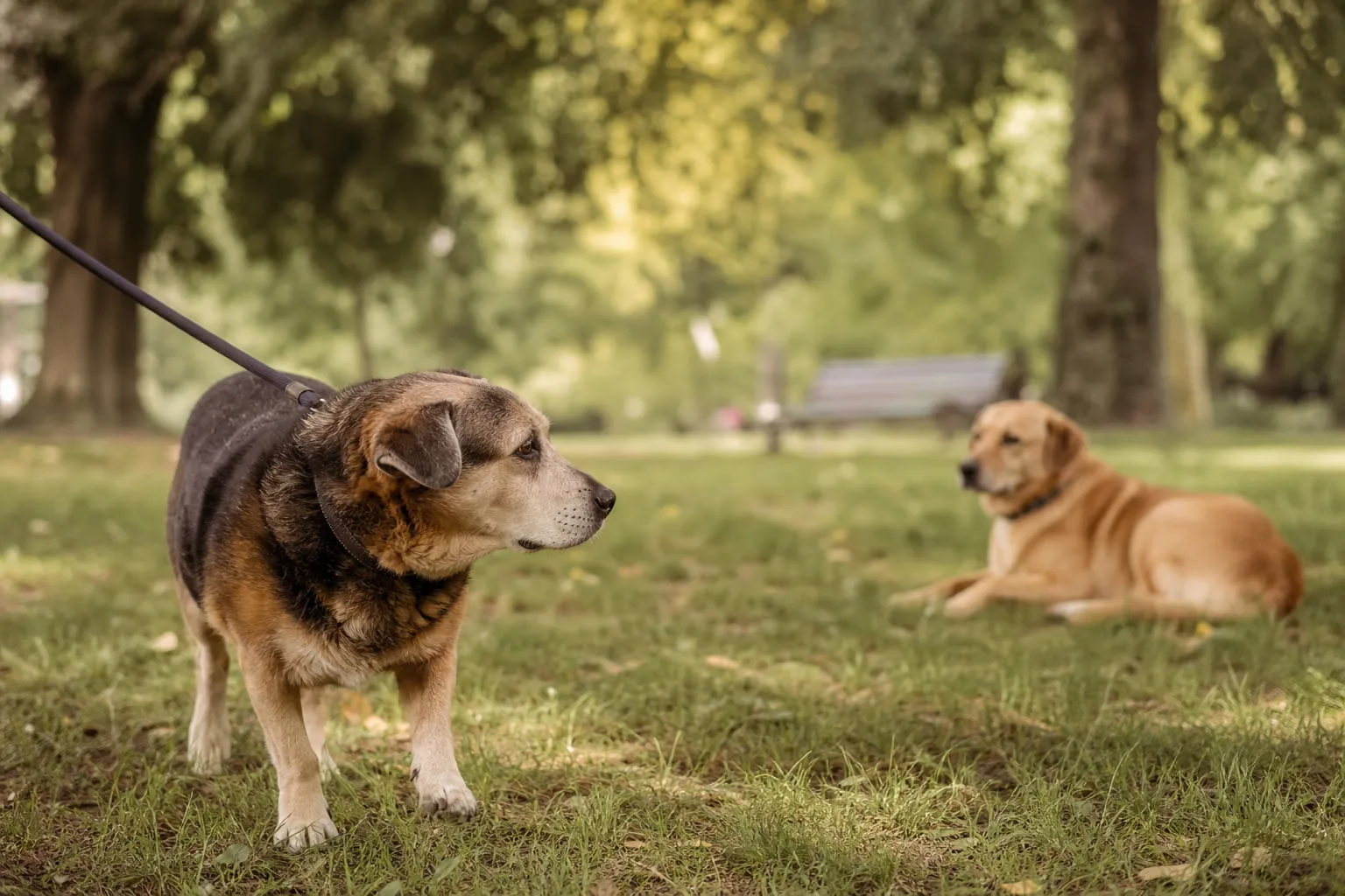 Dans un parc paisible, chien sénior en laisse observe un autre chien adulte
