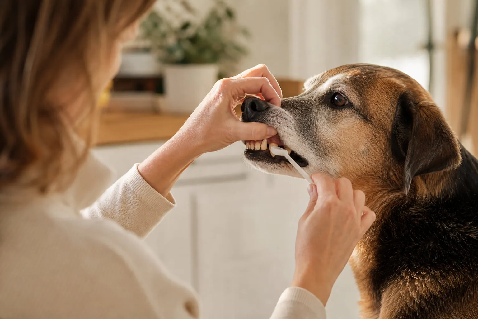 Près du propriétaire flou, un chien sénior reçoit un brossage dentaire délicat