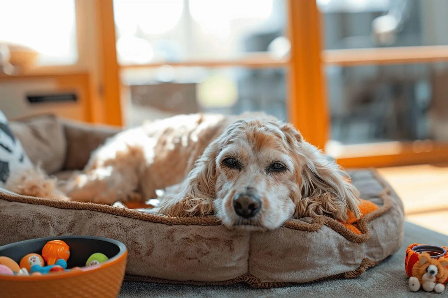 Sur un chemin ombragé, le vieux chien renifle l’herbe tenu en longe souple