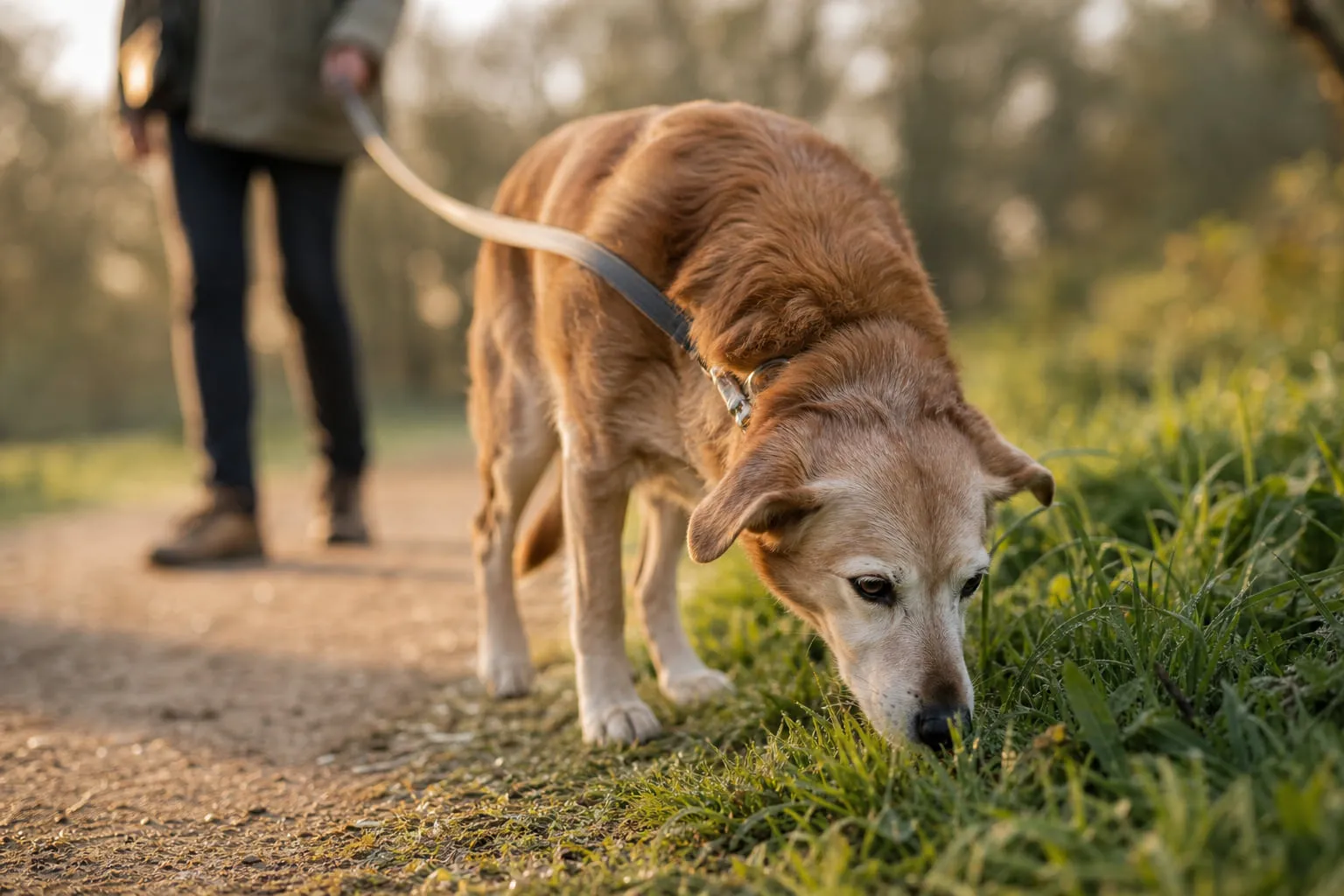 Sur un sentier régulier, un chien sénior s’arrête pour renifler l’herbe sous la lumière matinale