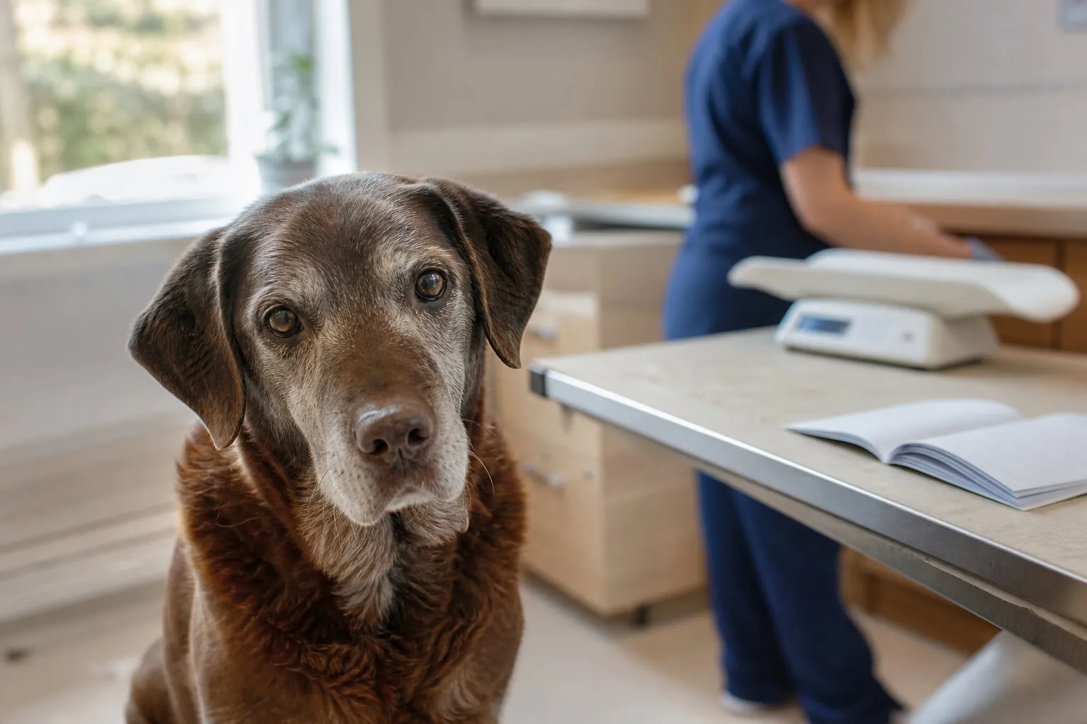 En consultation lumineuse, un chien sénior assis attend tandis qu’une balance est préparée derrière lui