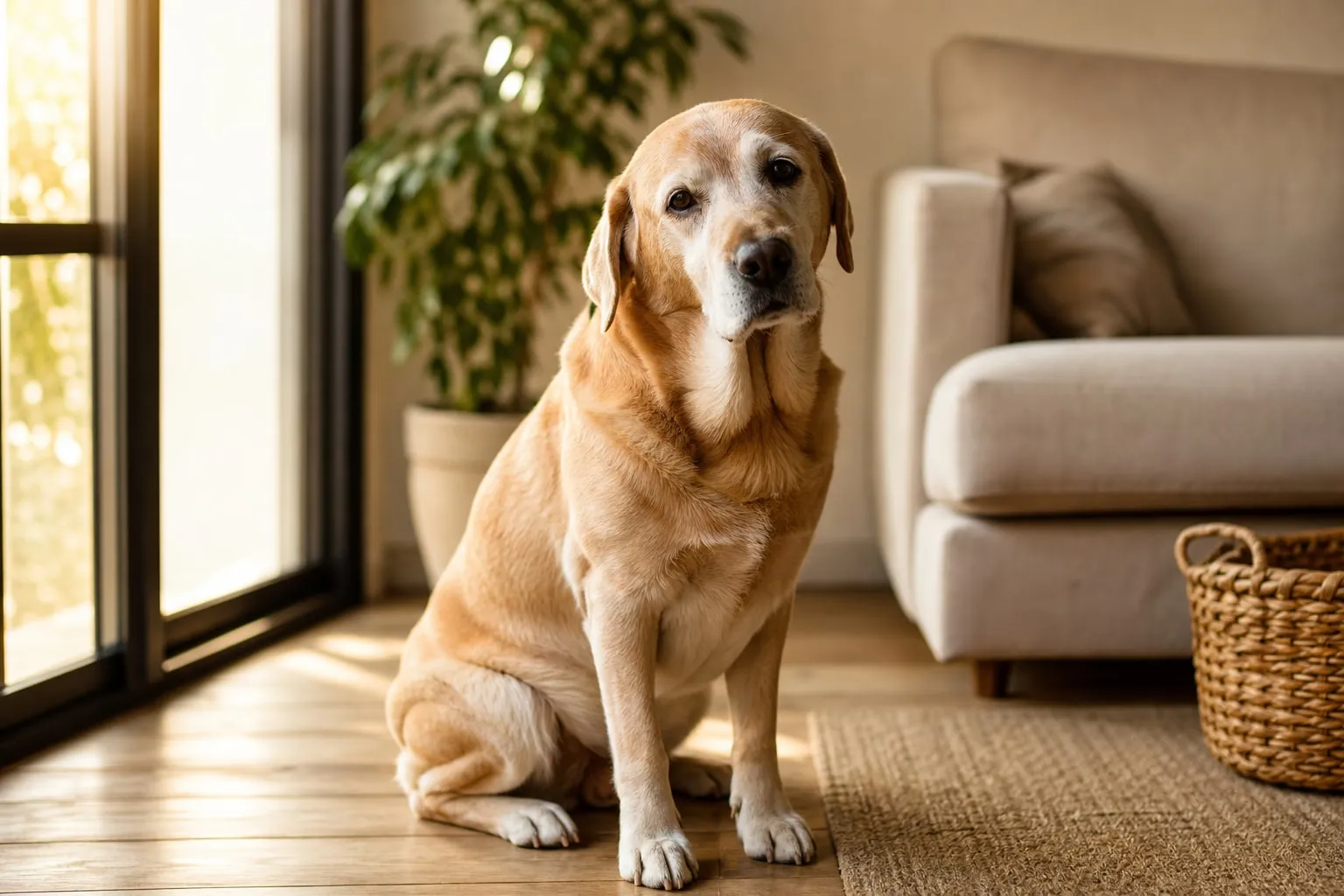 Labrador sénior au museau grisonnant assis dans un salon lumineux, regard tourné vers l’objectif