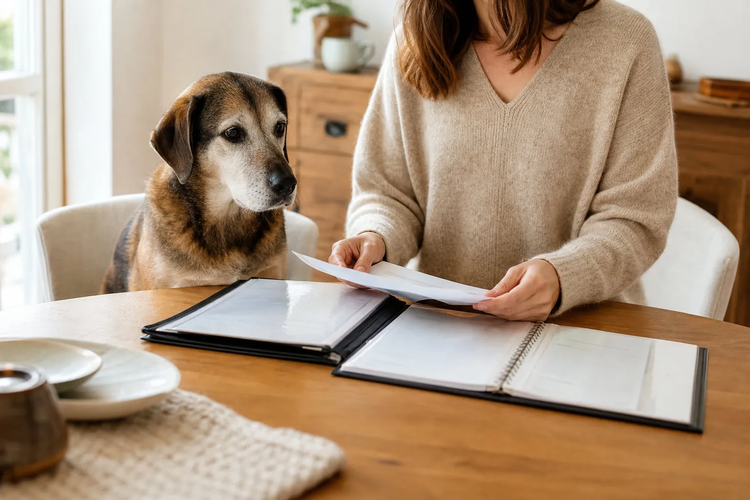 À la table de cuisine, une propriétaire consulte des dossiers près de son vieux chien