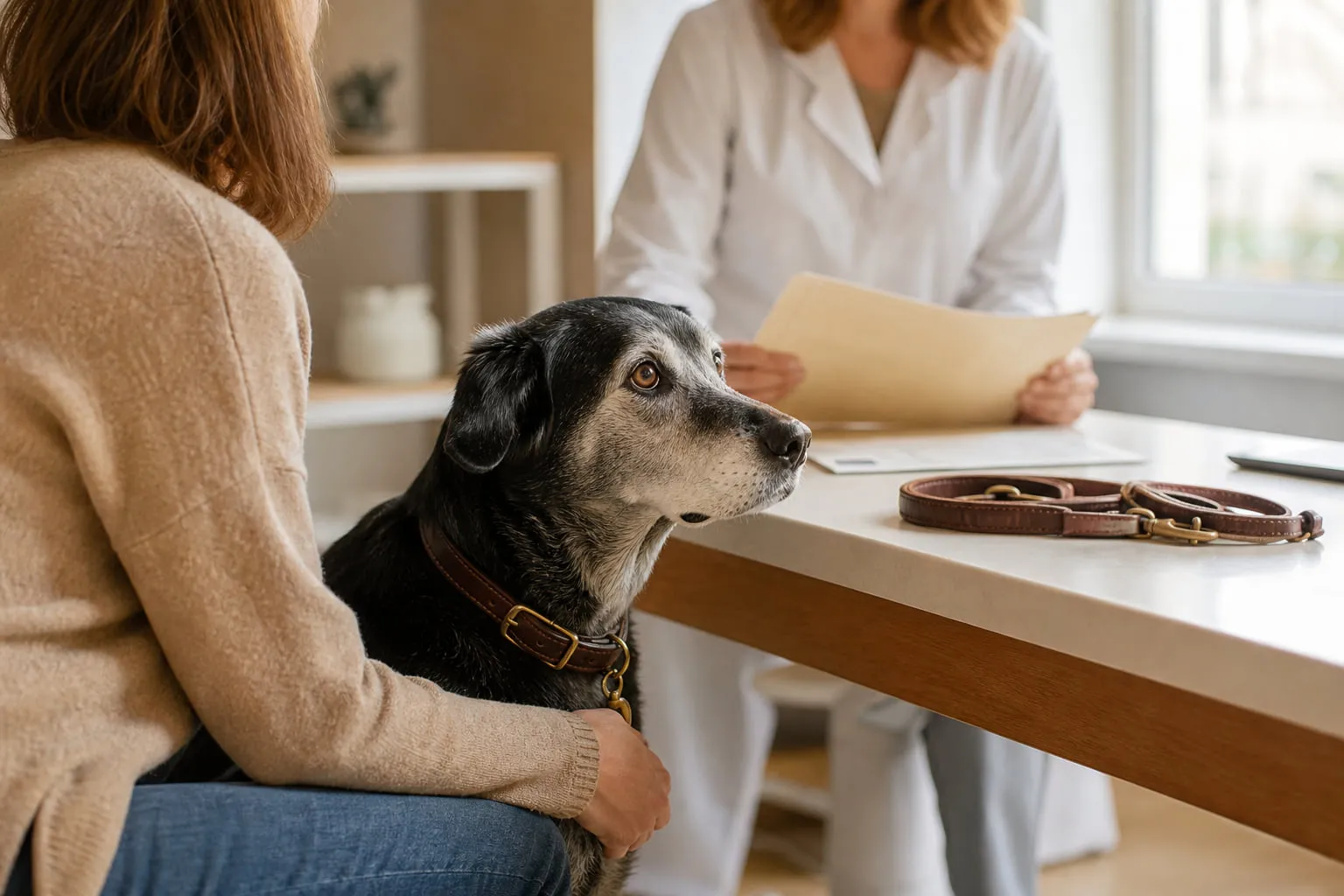 Le chien sénior attend assis auprès de sa propriétaire, tandis qu’un vétérinaire examine un dossier