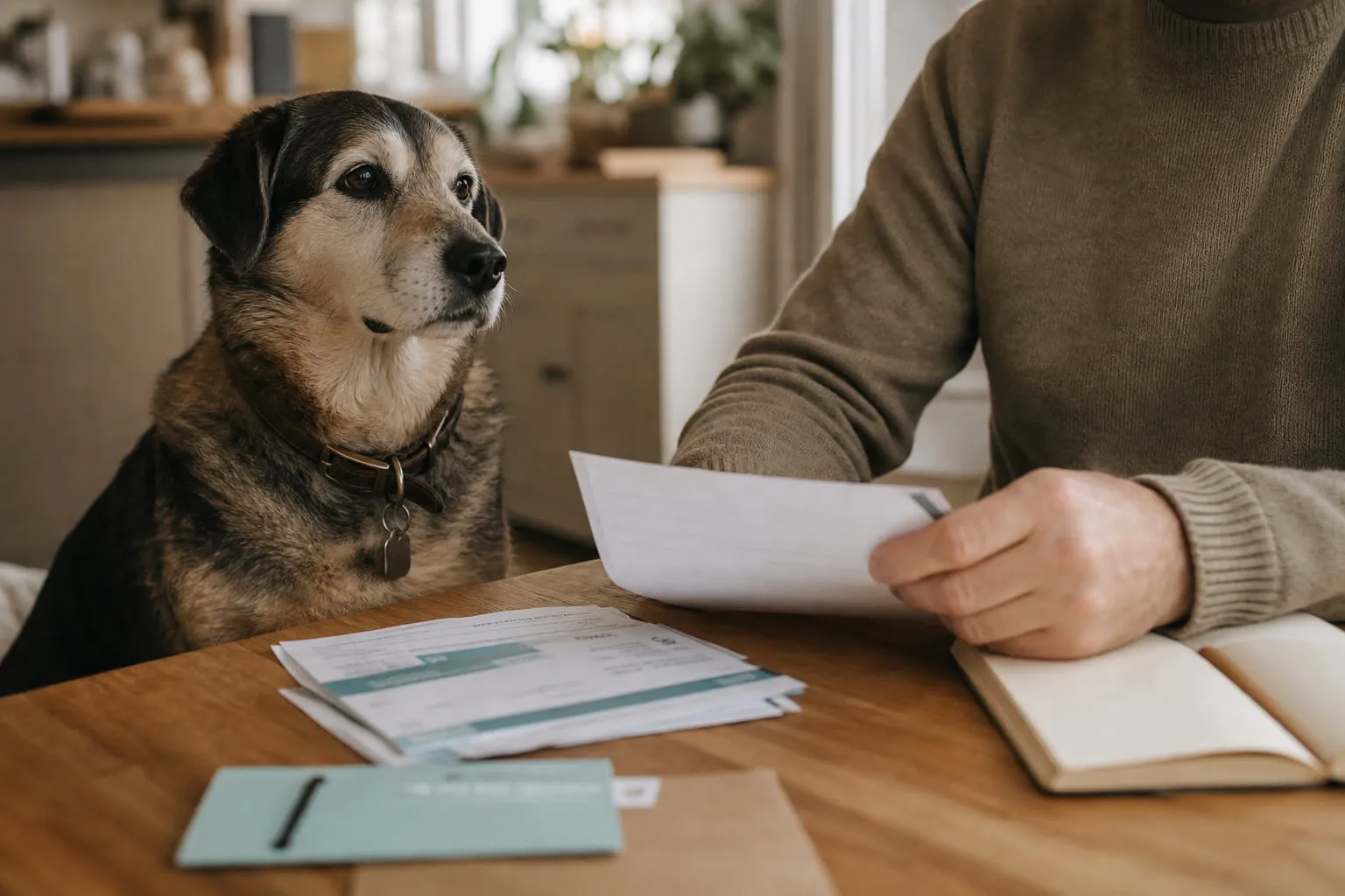 Près d’une fenêtre, un chien âgé accompagne son humain devant factures et carnet de santé