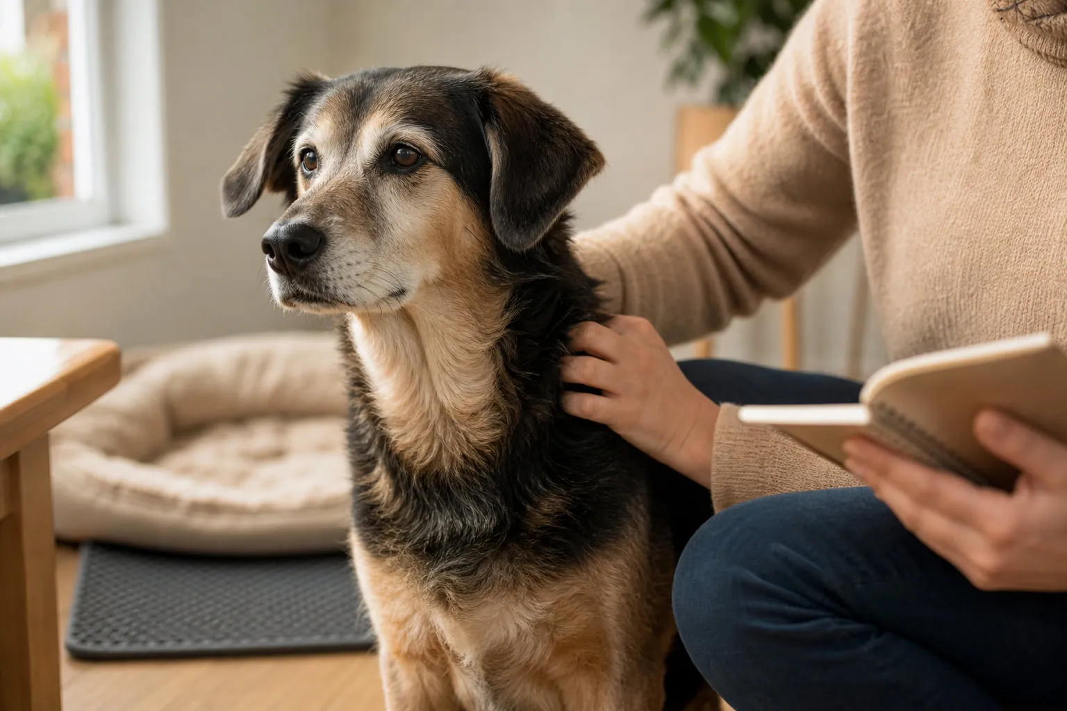 Carnet ouvert en main, l’humain caresse l’épaule d’un chien âgé près de la fenêtre
