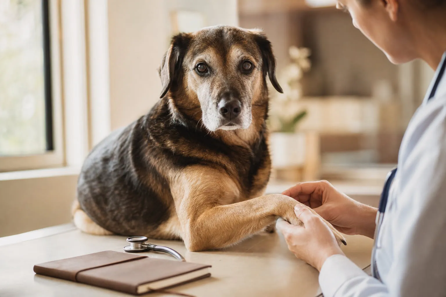 Sur la table de consultation, un vétérinaire examine délicatement la patte du chien sénior
