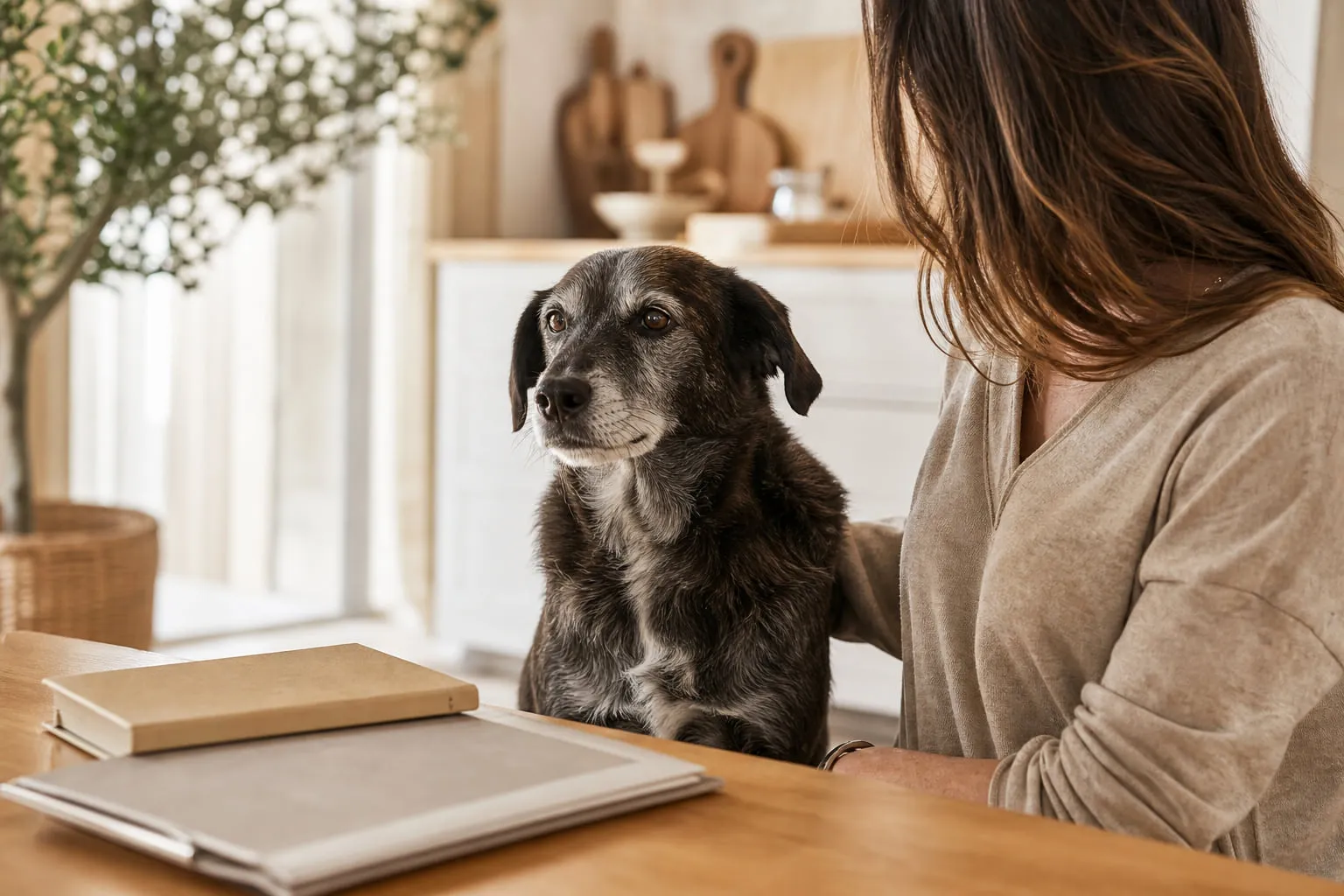 Assis près des papiers, un chien âgé accompagne sa propriétaire dans une cuisine lumineuse