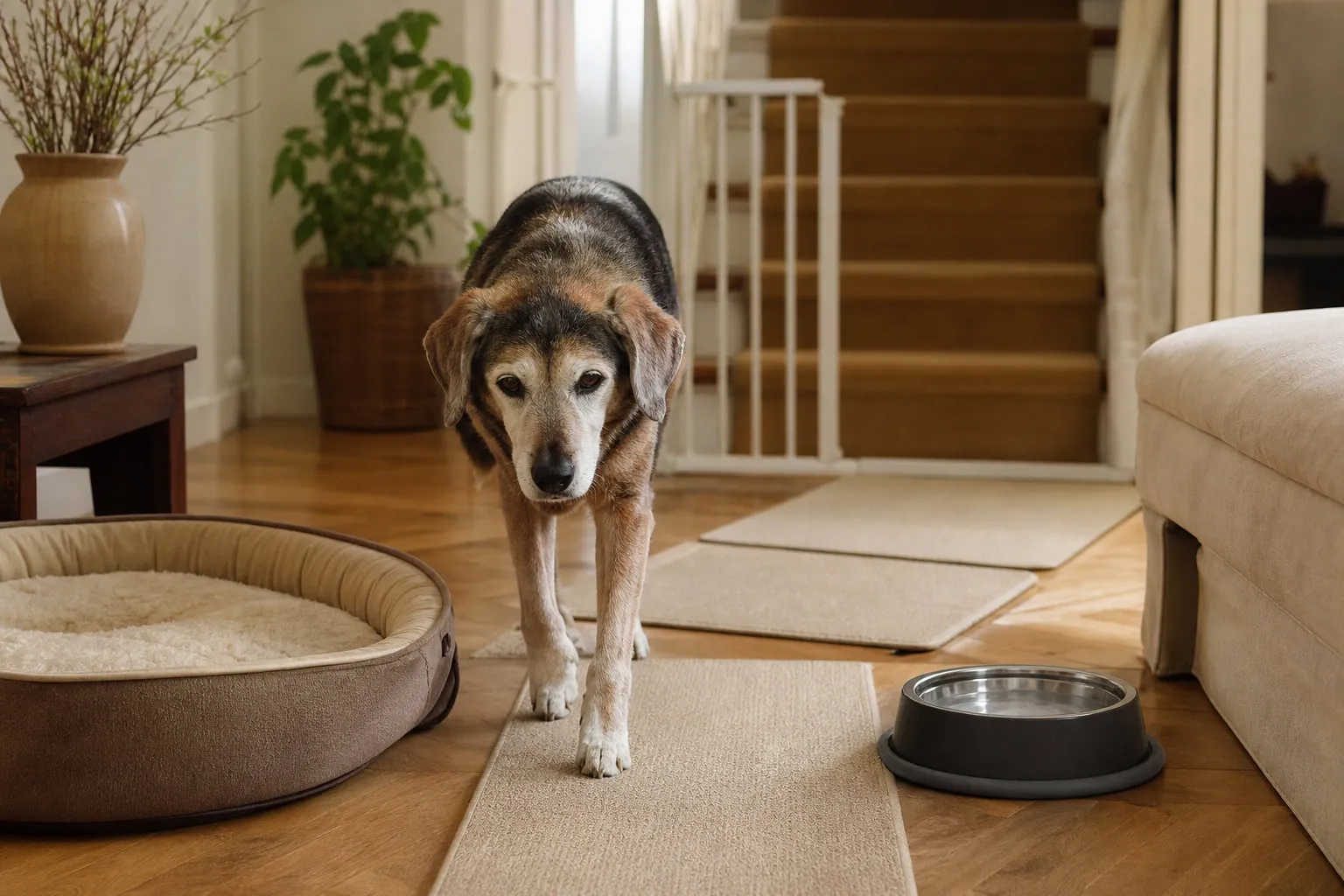 Sur des tapis antidérapants, un vieux chien traverse un salon sécurisé