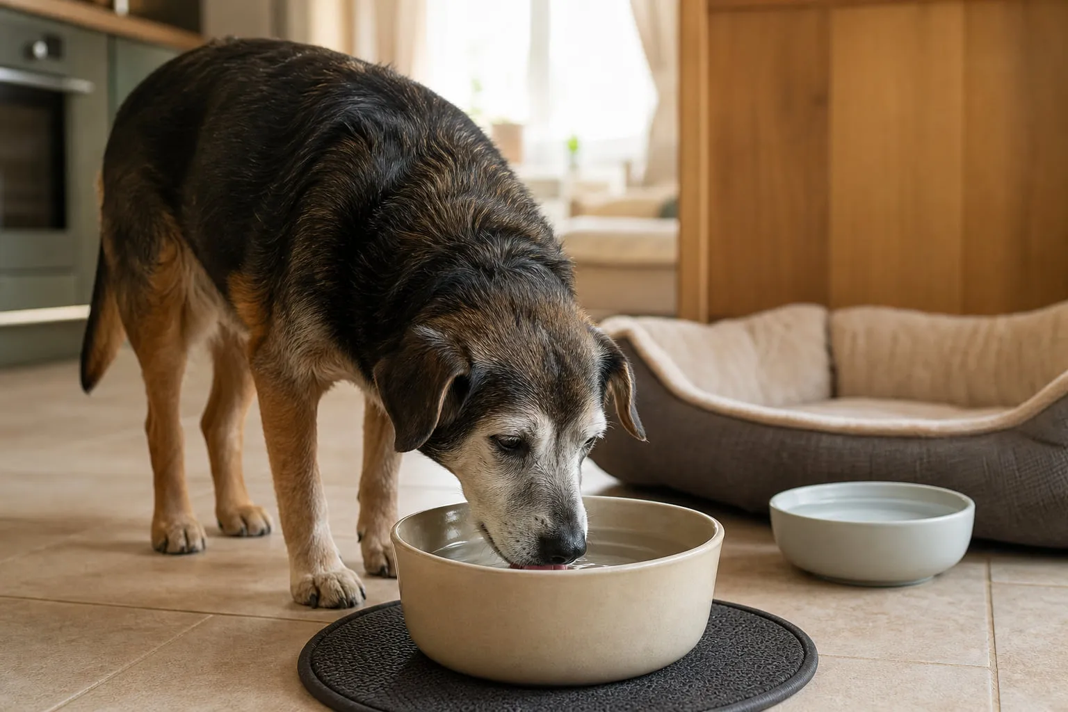 Au matin, un chien âgé boit dans une large gamelle en céramique