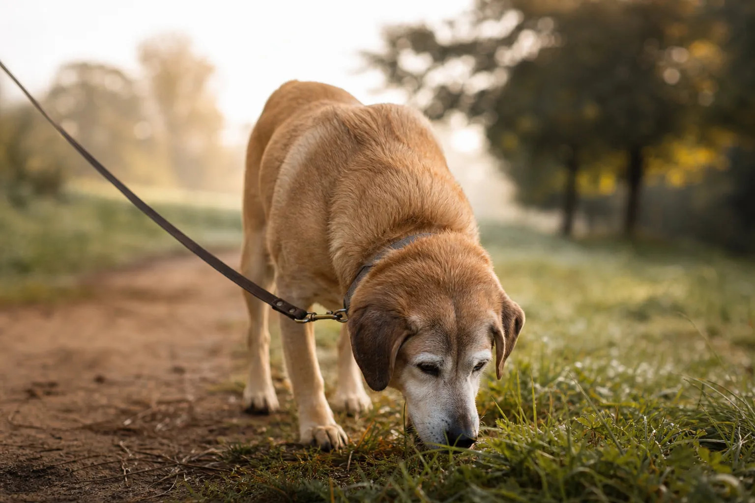 Le nez au sol, un chien sénior explore lentement un chemin de parc matinal