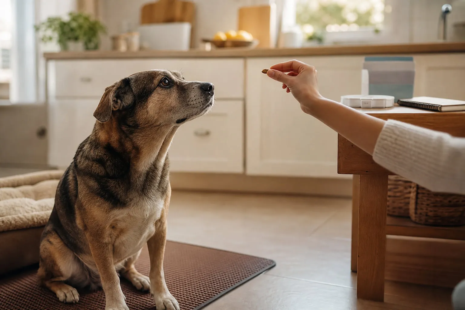 Près de son panier, le chien sénior observe une friandise présentée par une main hors champ
