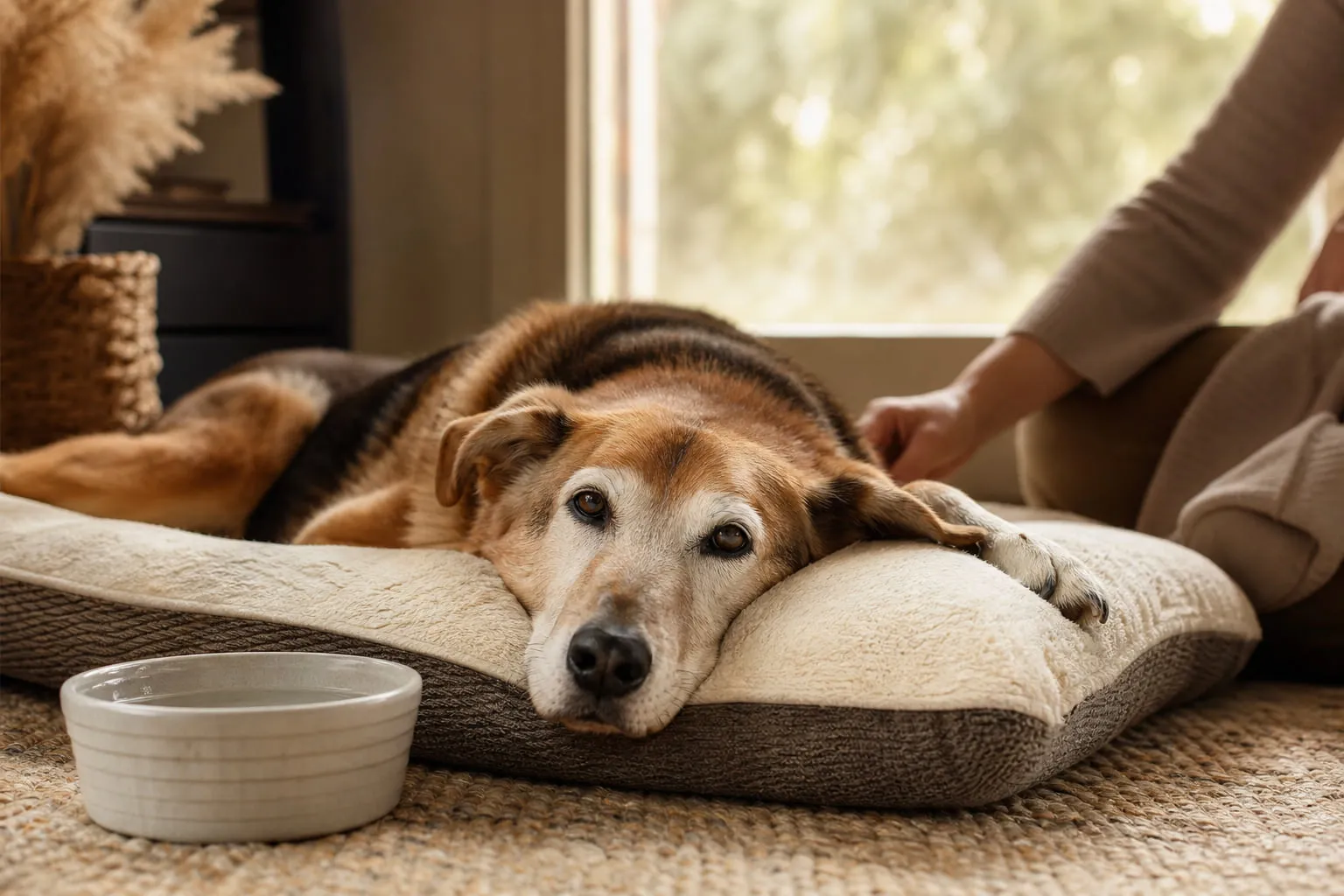 Près de la fenêtre, un chien sénior repose tandis qu’une main veille doucement